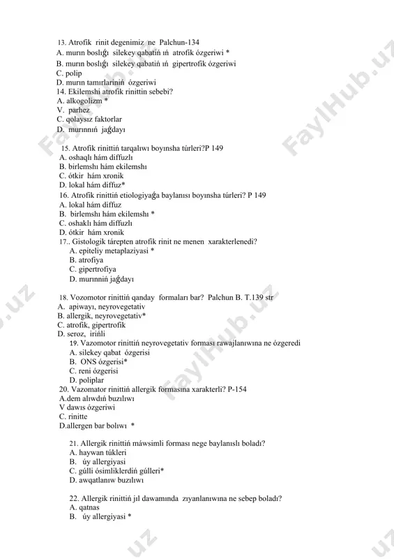-155 a. polip b. rinit c. murın tosıǵı qıysıqlıǵı * d. murın travması 24. allergik rinit rawajlanıw mexanizmı? p-156 a. allergen molekulaları tez sorılıp allergik reakciyanı shaqıradı* b. gúl shańları c. penicillin kótere almaw d. dem alıwdıń buzılıwı лекция №3 1. murın átirap boslıqları isiniw kesellikleri lor aǵzaları kesellikleri ishinde neshe % quraydı? palchun v.t. 144str a. lor organlar patologiyasınıń 25-30% * v. lor organlar patologiyasınıń 20-40% s. lor organlar patologiyasınıń 25-50% d. lor organlar patologiyasınıń 40-50% 2. orta aziyanıń qansha % xalqı sozılmalı sinusit penen kesellengen? palchun v.t. 144 str a. 3% v.4% s. 5%* d.6% 3. murın átirap boslıqları keselliklerin sanap ótiń a. sinusit, etmoidit, sfenoidit, frontit * v. piasinus, piocele, mukotsele c. pansinusit, gemisinusit d. pnevmosinus, piosinus 4. murın átirap boslıqları ishinde eń kóp kesellenetuǵın boslıq? palchun v.t. 144 str a. tiykarǵı boslıq v. gaymor boslıq* s. mańlay boslıǵı d. keteksheli boslıq 5. murın átirap boslıqları ishinde …