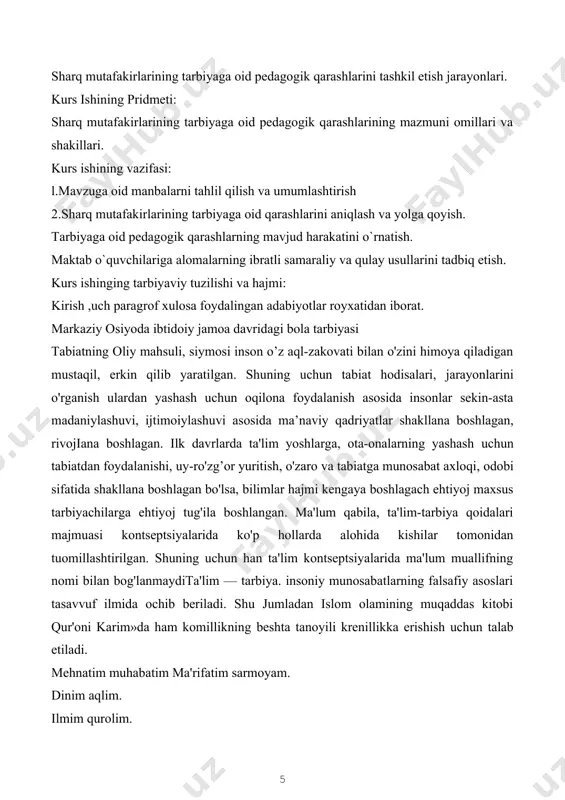 miy marifat silvizatsiyasining ta'lim -tarbiyaga ta'siri. sharq renessansi deb nom olgan ix-xv asr markaziy osiyo ma'naviy madaniyatining eng yuksaklikka ko'tarllgan, boy davri bo'lib, bu davrda ilmfanning ikki yo'nalishi inson uchun tabiiy fanlardirki, u aql ko'zi bilan egallanadi. bu fanlar inson tomonidan (boshqa) kishilardan taqlid qilib o'rganiladi, ular asosida shariat qonunlari yotadi. bu fanlarning asosini qur'onda va sunnada bo'lga alloh-va uning elchisining oldindan belgilab bergan yo'l-yo'riqlari tashkil etadi. sharq mutafakkirlarning ma'naviy madaniy sohasiga qo'shgan ulushlari nihoyatda boy bo'lib, mazmunan qadriyatlarning barcha yo'nalishlarini qamrab olgalligi bilan xarakterlanadi. ular: aqliy madaniyatni shddlantirish bilan bog 'langa qadriyatlar; ma 'naviy-ruhiy qadriyatlar; ijtlmoiy-siyosiy qadriyatlar; badiiy-nafis aadrlvatlar: diniy qadriyatlar tarzida o'z ifodasini topgan. markaziy osiyo xalqlari pedagogik fikrlari tarixiy taraqqiyotida vii asrda arabiston yarim orolida paydo bo'lgan va viii asrda mintaqamizga ham yoyilgan islom dini muhim ahamiyatga ega bo'ldi. chunki islom dini, uning asosiy kitobi «qur'oni karim» va undan keyingi asosiy manba hisoblangan hadislardar ollohga, uning payg'ambari …
