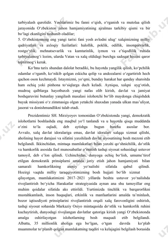 tarixiy voqea va hodisalarni tahlil etmasdan, tarixiy bilim va tarbiya bermasdan uning ongida milliy о‘zlik va vatanparvarlik tuyg‘ularini shakllantirish mumkin emas. shunday ekan, mustaqil о‘zbekiston ta’lim tizimida vatan tarixini mufassal, asosiy fan sifatida о‘qitish bugungi hayotimizning eng dolzarb vazifalaridan biri bо‘lib qolishi – bu davr taqozosidir. о‘zbekistonning eng yangi tarixi fanining yaxlit konsepsiyasini yaratish, buni amalga oshirish uchun bir butun tarixiy jarayonni nisbatan mustaqil bо‘lgan bо‘laklarga, yani davrlarga bо‘lish va ularni chuqur tahlil qilish lozim. asosiy vazifalardan yana biri – yangi yozilgan tarixni о‘rganishni tahlil qilishdir. komil insonni tarbiyalashdek dolzarb vazifani amalga oshirishda о‘zbekistonning eng yangi tarixi fani oldida quyidagi vazifalar turadi: 1. о‘zbekistonning eng yangi tarixi fani yosh avlod ongida siyosiy, ilmiy–nazariy dunyoqarashni shakllantirish, voqea va hodisalarga tarixiy nuqtai nazardan yondoshadigan har tomonlama yetuk, barkamol insonni tarbiyalash lozim; 2. о‘zbekistonning eng yangi tarixi mustaqil о‘zbekiston yoshlari ongida milliy vijdonni uyg‘otib, uning shakllanishiga kо‘maklashadi. yoshlar mazkur fanni о‘qib–о‘rgangandagina ularda istiqlol …