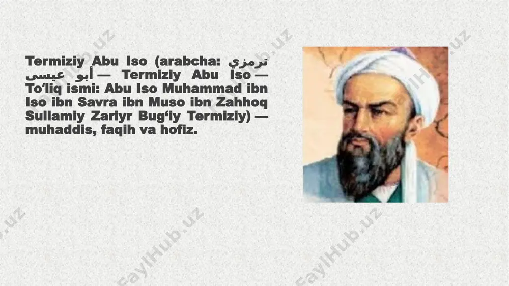 oʻziga tortib keladi. arab tilida bitilgan ushbu asarga bir qancha sharhlar ham yozilgan. uning tili ravon, uslubi gʻoyatda oddiy. asar fors va turk tillariga tarjima qilingan. "ash-shamoil an nabaviya"ning 1-qismida keltirilgan hadisi shariflar paygʻambarning suvrat (tashqi qiyofasi) iga, 2-qismida keltirilgan hadisi shariflar esa ichki dunyosiyu, axloqiy fazilatlarini bayon qilishga, yaʼni siyratga bagʻishlangan. kitobning 16-asrga oid bir qoʻlyozmasi toshkentda, oʻzbekiston musulmonlari idorasi kutubxonasida saqlanadi. "ash-shamoil an-nabaviya" oʻzbek tiliga oʻgirilib soʻnggi yillarda toshkentda bir necha bor nashr etildi. 1990-yil termiziy tavalludining 1200-yilligi yurtimizda keng nishonlandi. mustaqillik yillarida termiziyning yodgorlik majmuasi 2016 2017-yillari qaytadan taʼmirlanib, qutlugʻ ziyoratgohga aylantirildi. faoliyati abu isomuhammad at-termiziy maqbarasi yodgorlik surxandaryo viloyati sherobod tumani. “al-jomi’u-s-sahih” (“sa-hihu-t-termi­ziy”, “sunanu-t-termiziy) “ash-shamoilu-n-nabaviyya” “ki­to­bu-t-tarix” “kitobu-l-ilali-s-sag‘ir va-l-ilali-l-kabir” “kitobu-z-zuhd” “kitobu-l-asmo va-l-kuna” “al-ilal fi-l-hadis” “risola fi-l-xilof va-l-jadal” “asmou-s-sahoba” asarlari “sunani termiziy” (“jomi' at-termiziy”), “ash-shamoil an-nabaviyya” (“ash-shamoil al-muhammadiyya”) – imom at-termiziyning shoh asarlaridan sanaladi. ushbu asarlarda saxiylik go'zal xulqlardan hisoblanib, saxiylik – payg'ambarlar sifati ekani alohida ta'kidlangan. jumladan, …