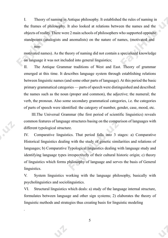 ancient greece the language was studied in the frames of philosophy. the major issue which was in the focus of discussion was correlation of substances to their names. still already in the works of protagoras and aristotle there are statements related to distinguishing words, word combinations, linguistic categories like gender, case, number, definition of the sentence, classification of words into names and actions /parts of speech. these works served the basis for distinguishing linguistics into an independent science. e.g. many scholars, while compiling grammars of separate languages used the models of the languages with already described grammatical structures. (the principle of analogy). for example, while compiling the first english grammars the models of latin were widely used. the first grammars for the european languages were based on the latin grammars. the second period is characterized as a period of establishing the first scientific comparison of languages and this period is …