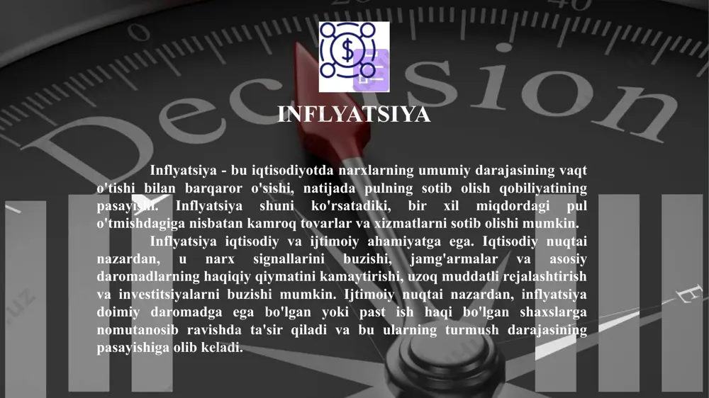 ada kuchli inflyatsiya xix asrning boshida napolеon bilan urush davrida, frantsiyada - frantsuz rеvolyutsiyasi davrida, rossiyada xix asrning urtalarida namoyon bulgan. 1923 yillarda bo`lib, muomaladagi pul massasi 496 kvintillion markagacha yetgan va pul birligi trillion marta qadrsizlangan. bu tarixiy misollar ko`rsatadiki, inflyatsiya hozirgi davr jarayoni bo`lmasdan, tarixan mavjud bo`lgan jarayondir. inflyatsiya va uning rivojlanishi alohida olingan mamlakatda ma'lum xususiyatlarga ega bo`lishi mumkin. hozirgi davr inflyatsiyasi, o`tgan davr inflyatsiyasidan farq qiluvchi xususiyatlarga ega. oldingi inflyatsiyalar vaqtinchalik bo`lib, ular odatda urush vaqtida harbiy xarajatlarni qoplash uchun qogoz pullar chiqarilishi natijasida yuzaga kеlgan. biror daromad olmasdan turib, ya'ni ishlab chiqarish va tovaro oborot inflyatsiyani yuzaga kеltiruvchi omillarga qarab uning sabablarini ichki va tashqi sabablarga bulish mumkin. inflyatsiyani yuzaga kеltiruvchi omillarga qarab uning sabablarini ichki va tashqi sabablarga bo`lish mumkin. davlat byudjеtning dеfitsiti davlat qarzlarining o`sishi pul emissiyasi pul muomalasi qonunining buzilishi infilatsiya turlari sudraluvchi inflyatsiya. shiddatli inflyatsiya gipеrinflyatsiya sudraluvchi infilatsiya bu: baholarning o`rtacha …