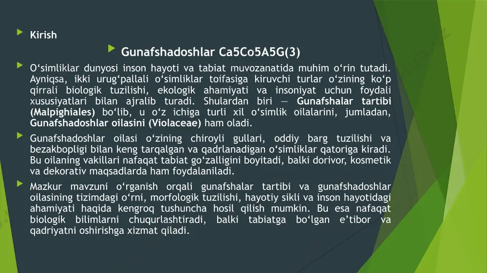 ladi. bu tartibga daraxt, buta va o‘t holidagi o‘simliklar kiradi.yaproqlari poyada navbat bilan ba’zan, suprotiv joylashgan, odatda yonbargchalari bo‘ladi. gullari bir jinsli, aktinomrf, ko‘p 223 hollarda siklik ba’zan, spiral joylashgan gulqo‘rg‘onli bo‘ladi. changchilari ko‘p miqdorda, alohida yoki to‘p holda joylashadi. androtsey va ginetsey oralig‘ida nektar xonalari bor. mevasi ko‘sakcha, urug‘ida endospermi ko‘p joyni egallaydi. tashqi tuzilishi:gunafshadoshlar odatda o‘t o‘simliklar, kamdan-kam hollarda buta yoki butachalar shaklida bo‘ladi. barglari oddiy, navbatma-navbat joylashgan, ba’zida qirrali yoki tishli bo‘ladi. gullari:gullari chiroyli, ikki jinsli va ko‘pincha radial yoki bilateral simmetriyaga ega bo‘ladi. gullar 5 ta tojlab bargli, 5 ta changchi va 1 ta urug‘chil bo‘ladi. ular yolg‘iz yoki guldasta shaklida joylashgan bo‘ladi. mevalari:mevasi odatda quti (kapshiq) yoki rezavor meva bo‘lib, ichida ko‘p urug‘ bo‘ladi. urug‘lari kichik, ayrim turlarida qanotchali bo‘lishi mumkin. tarqalishi:gunafshadoshlar butun dunyo bo‘ylab, ayniqsa mo‘tadil iqlim zonalarida keng tarqalgan. ular o‘rmonlar, tog‘li hududlar va hatto shaharlardagi bog‘larda uchraydi. vakillari:oilaning eng mashhur vakili — …