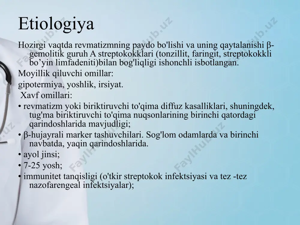 okli kultura yoki ijobiy streptokok antigen testi. streptokokka qarshi antitanalar titrining ko'tarilishi (asl-o, anti-dnk-aza β) laborator: o'tkir davr ko’rsatkichlarining namoyon bo’lishi; echt (> 30 mm / soat); c-reaktiv oqsil instrumental: ekgda pq intervalining uzayishi (> 0,2 s); exokgda mitral va / yoki aortal regurgitatsiya belgilari diagnostika o’ri tashxisini qo'yish uchun kissel-jons mezonlari qo'llaniladi (rra tomonidan o'zgartirilgan, 2003) o’ri tashxisini qo'yish mumkin, agar: ikkita "katta" mezon yoki bitta "katta" va ikkita "kichik" davolash. 3-etapli 1-etap – stasionar bulimida. 2-etap – poliklinika kardiorevmatolog nazoratida. 3-etap – sanator kurort davolanish. parxez davolanish 10 stol. etiotrop (mikroblarga qarshi) terapiya benzilpenitsillin 1,5-4 million tb/sut o'smirlar va kattalarda va 400.000-600.000 tb bolalarda 10 kun, so'ngra benzatin benzilpenitsillinga o’tish penitsillin preparatlarini ko’tara olmaslik holatlarida, makrolidlar yoki linkozamidlar patogenetik (yallig'lanishga qarshi) davolash 1. glyukokortikosteroidlar 2. nonsteroid yallig'lanishga qarshi dorilar prednizolon (metilprednizolon) asosan bolalarda qo'llaniladi, ayniqsa og'ir kardit va poliserozit bilan kuzatilganda. preparat terapevtik ta'sirga erishilgunga qadar, odatda 2 …