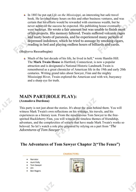 mississippi, an interesting but safe travel book. he lavished many hours on this and other business ventures, and was certain that his efforts would be rewarded with enormous wealth, but he never achieved the success he expected. his publishing house eventually went bankrupt. he wrote a fair amount but was unable to finish most of his projects. his memory faltered. twain suffered volcanic rages and nasty bouts of paranoia, and he experienced many periods of depressed indolence, which he tried to assuage by smoking cigars, reading in bed and playing endless hours of billiards and cards. (hojiyeva ruxsatbegim) · much of the last decade of his life, he lived in hell," wrote hamlin hill. the mark twain house in hartford, connecticut, is now a popular attraction and is designated a national historic landmark.twain is remembered as a great chronicler of american life in the 19th and early 20th centuries. writing …