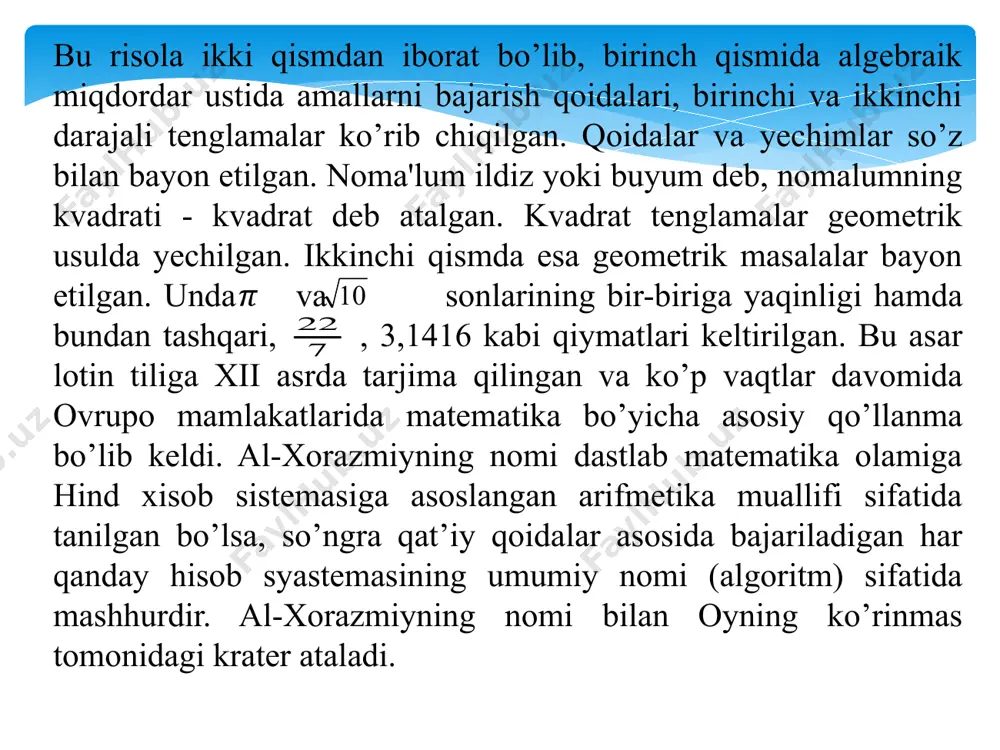 atikani takomillashtirishga harakat qilgan. ta'riflar, postulat, akstyuma va tеorеmalar va ularning isbotlarini joylashtirish tartibi to’g’risida ma'lum fikrlarga ega bo’lgan. еvklid v postulatini isbotlashga harakat qildi va undan farqli o’laroq «chiziklarni ko’paytirish» haqida mulohaza yuritadi, bunda «tuzma nisbat» ta'rifini bеradi. 1980 yilda uning tug’ilganiga 1000 yil to’lishi nishonlandi. uning nomi bilan bir qator joylar jumladan toshkеntdagi ko’krak jarrohligi ilmgohi, buxoro viloyat kutubxonasi ataladi. shuningdеk, oyning ko’rinib turgan tomonidagi bir kratеrga ibn sino nomi bеrilgan. shoir, faylasuf, astronom va matеmatik g’iyosiddin abulfath umar ibn ibrohim hayyom (15.05.1048-14.12.1131) nishopurda tug’ilgan. uning otasi chodir (xayma) tikuvchi bo’lganligidan hayyom taxallusini olgan dеgan taxmin bor. usha davrning yuqori saviyasida ta'lim olib, yuksak qobiliyati tufayli buxoroga shamsul-mulk qoraxoniy saroyida ishlashga chaqirilgan. 1074 yilda saljuqiylar poytaxti — isfahonga o’tadi va u shox xizmatchisi bo’ladi. 1076 yilda uning ixtiyoriga isfahondagi rasadxona bеriladi va uni jihozlash uchun mablag’ ajratiladi. uning boshchiligidagi olimlarga eski eron kuyosh taqvimini isloh qilish topshiriladi, 1079 …