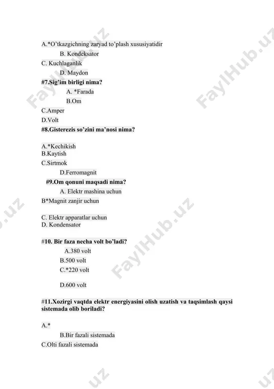 signallarini kuvvatini oshiradi b. vaqtni oshiradi c.maydonni belgilaydi d. «teskari aloqa» vazifasini bajaradi #18. sanoat korxonalaridagi kuch transformatorini vazifasi nima? a.*6-10 kv li elektr toki kuchlanishini 0,4 kv ga pasaytirib beradi b. elektr energiya ishlab chiqaradi c. tarmoqqa energiyani uzatadi d. taqsimlaydi #19. saqlagichni (predoxranitel) ning vazifasi nima? a.*zanjirni ulab, uchiradi b. kiska tutashuv tokidan saklaydi c.dvigatelni isitadi d.kabellarni ulaydi #20. raz’edinitel – uzib qo’ygichni vazifasi nima? a. *ko’rinib turuvchi uzilish hosil qiladi b. zanjirni uzish c. liniyani yoqish d. himoya qilish #21. razryadnikning vazifasi nima? a. kabel liniyasini yerga ulanishdan saqlaydi b.*xavo liniyasini atmosfera kuchlanishidan saqlaydi c. fazani simga ulaydi d.saqlaydi #22.qisqa tutashtirgichning vazifasi nima? a.*avariya holatida yuqori kuchlanishli elektr tarmogini erga ulaydi b. masofani saqlaydi c. uzilishni hosil qiladi d. tarmoqni uzadi #23.otdelitel ajratgichning vazifasi nima? a. elektr tarmogini kiska tutashuv tokidan himoya qiladi b. *yuqori kuchlanishli havo liniyasini tok yo’q bo’lganda himoyada ajratadi c. avtomatik ulaydi d. …