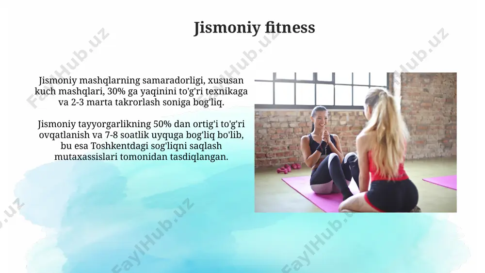 konini beradi. “fitness usullari”ga oid 20 dan ortiq turli mashqlar kompleksi mavjud bo'lib, ularning 10 nafari kardio mashqlari, 5 tasi kuch mashqlari, 5 tasi esa moslashuvchanlikni oshirishga qaratilgan, masalan, yoga yoki pilates kabi, toshkentdagi sport zallari bularni taklif qiladi. e'tiboringiz uchun rahmat @taqdimot_robot image2.jpg image3.jpg image4.jpg image5.jpg image6.jpg image7.jpg image8.jpg image9.jpg image10.jpg image1.png