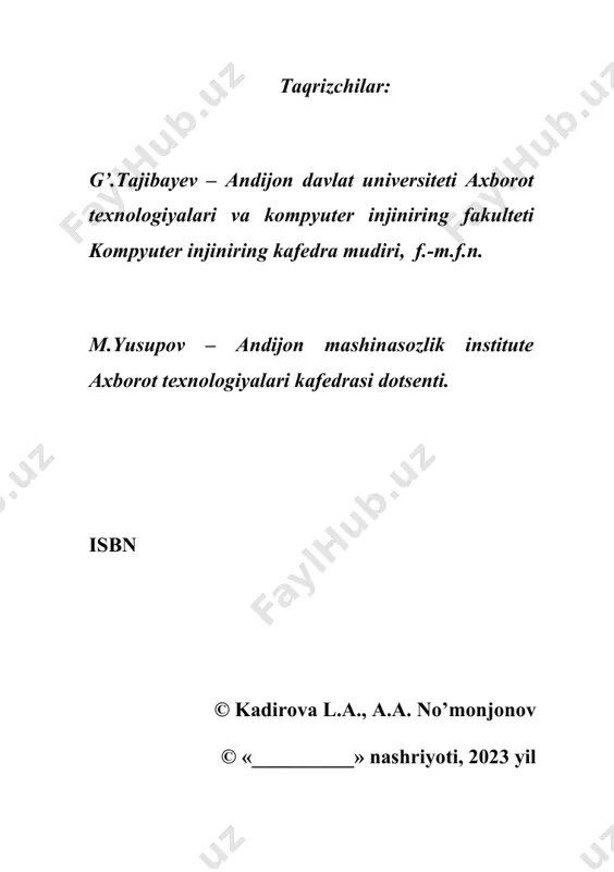 stdagi 603-son buyrug‘i 2-ilovasi bilan tasdiqlangan “bioinformatika” fani bo‘yicha dastur 2018-2020 yillar dasturlarida tasdiqlangan. fan bo`yicha dasturga muvofiq bioinformatika darsligi kirish va 9 bo`limdan iborat bo`lib, unda 9 ta mavzu har tomonlama ko`rib chiqilib, laboratoriya ishlarini bajarish uchun uslubiy tavsiyalar berilgan. kirish qismida mazkur “axborot texnologiyalari” fanining o‘qitilishi asosida huquqiy hujjatlar keltirilgan. muallif darslikni tuzishda qimmatli maslahatlari uchun novosibirsk milliy universiteti, rossiya fanlar akademiyasining sibir filiali matematika instituti professori andrey leonidovich karchevskiyga va ingliz tili fakulteti 3 kurs talabasi amir ildarovich sirazetdinovga minnatdorchilik bildiradi. va xorijiy filologiya fakulteti adabiyot bo‘limiga ingliz tilida ma’lumot to‘plashdagi faol ishtiroki uchun muallif lola_temur@mail.ru abduraxmonnumanjanov0913@gmail.com i-bob. “bioinformatika” fanining kirish 1. bioinformatika faniga kirish 2. bioinformatikaning rivojlanish tarixi. bioinformatika fanining rivojlanish istiqbollari. 2.1. asosiy tushunchalar. bioinformatikaning rivojlanish tarixi «axborot» tushunchasi inson faoliyatining barcha sohalariga kirib, ularni bir-biriga bog'langan va o'zaro bog'liq bo'lgan yagona kompleksga birlashtiradi. nisbatan yaqinda hatto "infosfera" atamasi ham paydo bo'ldi - fan, jamiyat …