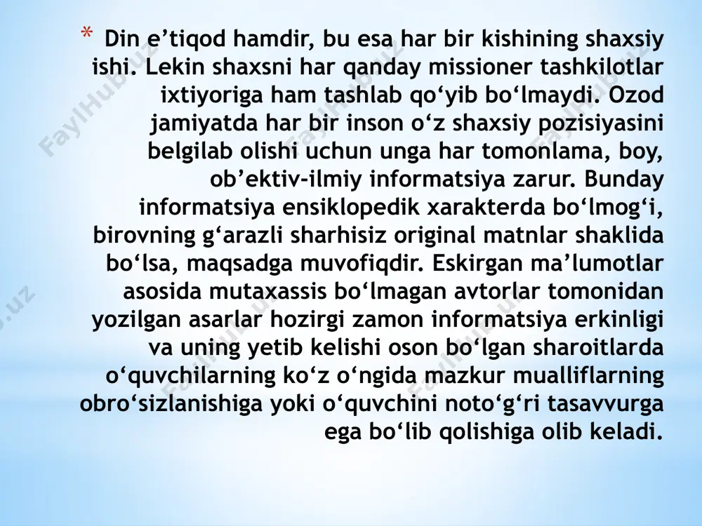 ) hayitlarining nishonlanishi musulmonlarning hayot tarzini tartibga solib turadi. to‘rtinchidan, din aloqa bog‘lashlik, birlashtiruvchilik - integratorlik vazifasini ham bajaradi, ya’ni har bir din o‘z qavmlarining birligini, jamiyat bilan shaxsning o‘zaro aloqadorlikda bo‘lishini ta’minlashga intiladi. bunda u yoki bu dinga e’tiqod qiluvchi kishilarning o‘z dinidagi boshqa kishilar bilan aloqador ekanligi, o‘zaro huquq va burchlarining borligi, urf-odat va ibodatlarni jamoa bo‘lib bajarilishi lozimligi nazarda tutiladi beshinchidan, dinning integratorlik vazifasi bilan legitimlovchilik - qonunlashtiruvchilik vazifasi chambarchas bog‘liq. dinning bu funksiyasining nazariy asosini yirik amerikalik sotsiolog t. parsons ishlab chiqdi. uning fikricha, “har qanday ijtimoiiy sistema muayyan cheklovlarsiz mavjud bo‘la olmaydi. buning uchun u qonun darajasiga ko‘tarilgan axloq normalarini ishlab chiqishi kerak. din bunday normalarni qonunlashtiribgina qolmay, ularga bo‘lgan munosabatni ham belgilaydi”. oltinchidan, din vazifalarining falsafiy, nazariy jihatlari ham mavjud. bu vazifa insonga yashashdan maqsad, hayot mazmunini, dorulfano va dorulbaqo dunyo masalalariga o‘z munosabatini bildirib turishidan iboratdir. kishilik jamiyatida din doimo u bilan birga …