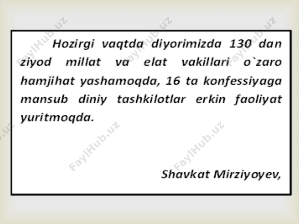 lom akademiyasi” tashkil etildi. toshkent shahrida islom sivilizatsiyasi markazi barpo etildi. imom buxoriy nomidagi xalqaro ilmiy tadqiqotlar markazi tuzildi. “diniy-ma’rifiy soha faoliyatini tubdan takomillashtirish chora-tadbirlari to‘g‘risida”gi (2018- yil 16- aprelda) prezident farmoni qabul qilindi.  ushbu prezident farmoni munosabati bilan: “jaholatga qarshi ma’rifat” ulug‘vor g‘oyasi insonparvarlik mohiyati nuqtai nazaridan yana bir bor ilgari surildi. diniy-ma’rifiy soha faoliyatini tubdan takomillashtirish bo‘yicha chora-tadbirlar dasturi ishlab chiqildi. vazirlar mahkamasi huzuridagi din ishlari bo`yicha qo‘mittasi tuzilmasida 15 ta shtat birligidan iborat “diniy-ijtimoiy jarayonlarni o‘rganish axborot-tahlil” markazi tashkil etildi. toshkent islom universiteti negizida “o`zbekiston xalqaro islom akademiyasi” tashkil topdi. o`zbekiston xalqaro islom akademiyasi bitiruvchilariga umumta’lim maktablari, o`rta maxsus va oliy ta’lim muassasalarida sohaga tegishli fanlar bo‘yicha pedagogik faoliyat bilan shug‘ulanish huquqi berildi. o‘zbekiston xalqaro islom akademiyasi tarkibida qoraqalpog`iston respublikasi, samarqand, namangan va surxondaryo viloyatlari mintaqaviy filiallariga ega bo‘lgan malaka va surxondaryo viloyatlari mintaqaviy filiallariga ega bo‘lgan malaka oshirish markazi tashkil etildi. o‘zbekiston musulmonlari idorasi va …