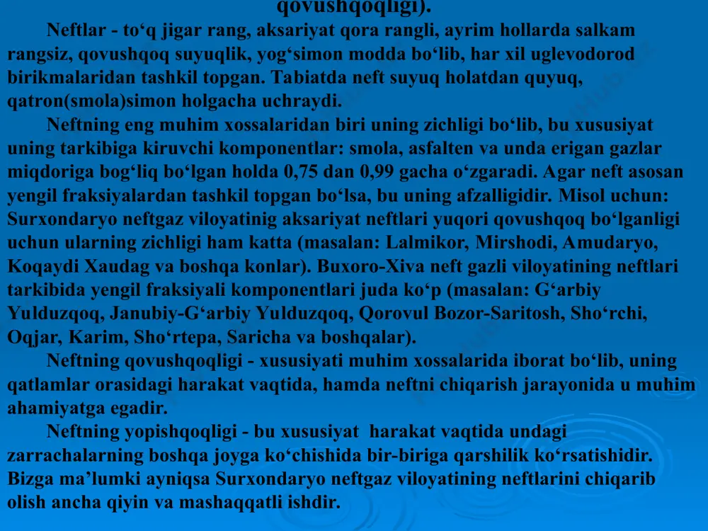 ek faqat organik qoldiqlardan hosil bо‘lgan moddalar optik faollikga ega, neftning bu xususiyati uning organik moddadan hosil bо‘lgan degan nazariyaga yana bir qо‘shimcha isbot keltiradi. biroq keyingi yillardagi tadqiqotlar shuni kо‘rsatadiki, organik bо‘lmagan birikmalar ham optik faollikga ega bо‘lishi mumkin ekan. neftning yana bir muhim xususiyatlardan biri, uning lyuminisensiya qobiliyatidir, ayniqsa undagi smola, asfalten va boshqa lyuminerlardan tashkil topishi. yengil neftlar havo rang va kо‘kish lyuminisensiya, shuningdek og‘irlari - sariq, qung‘irsimon-sariq va qoramtirdir. neftning bu xususiyatini bilish amaliyotda kernani tekshirishda juda katta ahamiyatga egadir (kernada neftlarning izlari qoladi). kislotali,parafinli hamda oltingugurtli neftlar. naftenli hamda aromatik uglevodorodli neftlar neftlarning asosiy qismi 3 xil uglevodorodlardan iborat: ular metanli (parafinli yoki tо‘yingan uglevodorodlar, yo bо‘lmasa alkanlar), naftenli (tо‘yinmagan uglevodorodlar yoki siklanlar) va aromatik yoki benzolli (о‘ta tо‘yinmagan uglevodorodlar yoki arenlar) deb ataladi. neft tarkibidagi uglevodorodlar u yoki bu guruh kо‘pligiga qarab metanli, naftenli va aromatlilarga bо‘linadilar. bundan tashqari neftlar oraliq turlarga metanli-naftenli, metan-aromatli, …