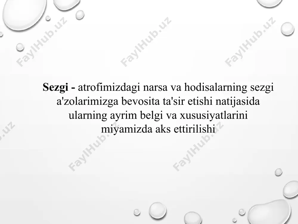 ologik mexanizmlari interosepsiya bilan birgalikda k.m.bikov, v.n. chernigovkiylar tomonidan atroflicha o’rganilgan. ularning fikriga ko’ra, bu narsalarning barchasi shartli reflektor faoliyati mexanizmlaridan kelib chiqadi. proprioreseptiv sezgilar gavdaning fazodagi holati to’g’risida signallar bilan ta’minlab turadi. ular inson harakatining boshqaruvchisi hisoblanib va afferent asosini tashkil qiladi. pereferik reseptorlar muskullar, pay va bo’g’imlarda joylashgan bo’lib, maxsus tanachalar shakliga ega va ular puchchini tanachalari deb ataladi. proprioreseptorlar harakatning afferent asosi ekanligini a.orbeli tomonidan, hayvonlarda p.k.anoxin, odamlarda esa n.a.bernshteynlar tomonidan o’rganilgan. psixologik ma’lumotlarga ko’ra, gavdaning fazodagi holati, sezgirligi statik sezgilarda o’z ifodasini topadi. uning markazi ichki quloq kanallarida joylashgan bo’lib, ular o’zaro bir-biriga perpendikulyar bo’shliqda tutash holatda yotadi. ekstroreseptiv sezgilar intermodal, nospesifik sezgi turkumlariga ham ajratiladi. masalan, eshitish organi orqali 10-15 sekundga tebranishni sezish mumkin, lekin quloq bilan emas, balki suyaklar yordamida (miya qopg’og’i, tirsak, tizza uchlari) payqash - vibratsiya sezgilari deyiladi. masalan, karlarni tovushlarni idrok qilishi. odatda vibratsion sezgirlik intermodal sezgi deb ham nomlanadi. uning …