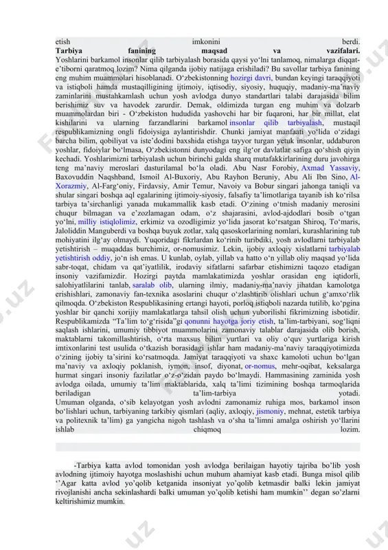 bir-biriga qarama-qarshi turadi, degan qarash qaror topgan. holbuki, dunyo ilmi, ayniqsa, sharq tarbiyashunosligi va o‘zbek xalq pedagogikasi tajribasi tarbiyaning sinfiy ko‘rinishga ega emasligini isbot etdi. shuningdek, kommunistik mafkura tazyiqi tufayli tarbiyada ijtimoiy muassasalarning o‘rniga ortiqcha baho berildi, bu jarayonda irsiy va biologik xususiyatlar deyarli hisobga olinmadi. sho‘rolar pedagogikasida tarbiya orkali har qanday odamni istagan ijtimoiy qiyofaga solish mumkin, degan qarash hukmron bo‘lganligi uchun ham uning shaxsni shakllantirishdagi o‘rniga ortiqcha baho berildi. tarbiyalanuvchi shaxsining tarbiyaga berilish yoki berilmaslik xususiyatlarining hisobga olinmasligi tarbiyaviy tadbirlarga mahliyo bo‘lishdek pedagogik xatolikka olib keldi. buning natijasida tarbiya maqsadsiz bo‘lib qoldi, tarbiyalanuvchilarga alohida shaxssifatida emas, istalgan ijtimoiy yo‘nalishga solinishi mumkin bo‘lgan qiyofasiz to‘da, olomon tarzida qarash qaror topdi, bu holtarbiyaning samarasizligiga olib keldi. chunki tarbiyaning asosiy ob’ekti bo‘lmish shaxs va uning o‘ziga xoslik jihatlari unutilgan edi. sho‘ro pedagogik tizimidagi kamchiliklarning ildizi, asosan, manashu yondashuv tarziga borib taqaladi. o‘zbekiston mustaqillikka erishgach, tarbiya va unga bog‘liq jarayonlarga yangi hamda …
