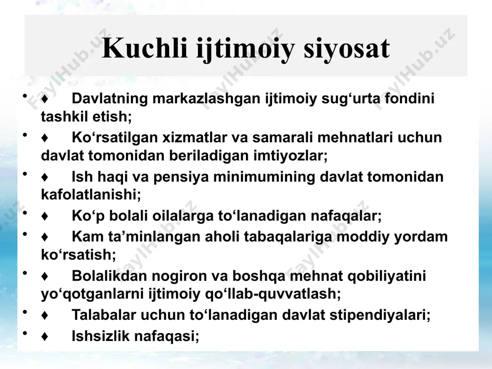 — 59 dona (o'sish —2 barobar), kir yuvish mashinalari — 80 dona (o'sish 1,2 barobar) ga tengligini ko'rsatyapti. 2020 yil yakunlariga ko'ra, 100 ta uy xo'jaligiga to'g'ri kelgan shaxsiy komp`yuterlar 56 donani (2000 yilda bu ko'rsatkich 0,2 dona) tashkil etgan bo'lsa, 2000-2020 yillar mobaynida uyali aloqa telefonlari bilan ta'minlanganligi 15,8 barobarga oshdi (2020 yil yakuniga kelib har 100 xonadonga 285 tadan, ya'ni, har bir xonadonga 2,9 tadan uyali aloqa telefonlari to'g'ri keldi). respublikada demografik vaziyat muhim bo‘lib, har bir oilaga o‘rtacha 4-5 ta kishi to‘g‘ri keladi. o‘zbekistondagi demografik vaziyatning o‘ziga xos xususiyati shundaki, aholi, ayniqsa, mehnatga qobiliyatli yoshlarning soni tez o‘sib bormoqda. bugungi kunda mamlakat aholisining 32 % ni 30 yoshgacha bo‘lgan yoshlar tashkil etadi. mamlakat aholisi 2020-yilda 34 mln kishini tashkil qilgan, 2025-yilda esa 37 mln kishidan oshishi taxmin qilinmoqda. agar aholining o‘sish dinamikasiga e’tibor qaratadigan bo‘lsak, mamlakatda aholi soni so‘nggi 35 yil ichida 1,4 barobarga ko‘paygan. aholining taqsimlanishi …
