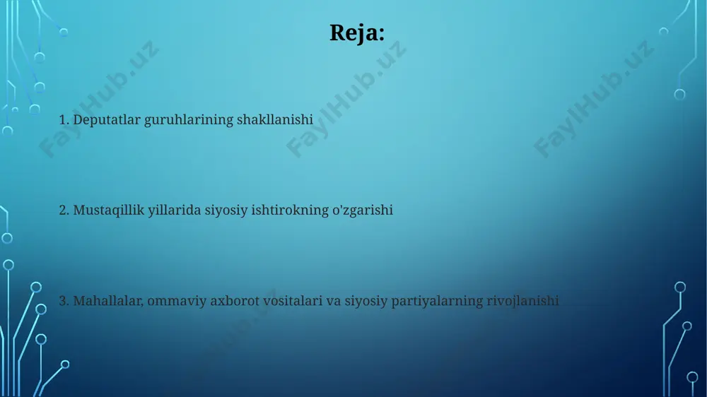 oshirildi, siyosiy raqobat kuchaytirildi. mahalla institutining rivojlanishi: mustaqillik davri mahallalarning soni ortib, 2023-yilga kelib 9 mingdan oshdi. mustaqillik yillarida "mahalla" xayriya jamg'armasi va "oqsoqollar kengashlari" tuzildi, ijtimoiy ahamiyati oshdi. mahalla institutining rivojlanishi: mustaqillik davri oavning axborot xavfsizligini ta'minlashdagi roli oav axborot xavfsizligi bo'yicha 30 dan ortiq ekspertlar bilan intervyular tashkil etib, fuqarolarni internetdagi xavflar, shaxsiy ma'lumotlarni himoya qilishning 10 usuli haqida xabardor qilishga ko'maklashishi mumkin. oav jamiyatning 50% dan ortig'ini qamrab olgan holda, axborot oqimini nazorat qilib, jamiyat ongida noto'g'ri ma'lumotlar tarqalishining erta oldini olishga xizmat qiladi. ko'ppartiyaviylikning jamiyatdagi ahamiyati ko'ppartiyaviylik saylovlarda 100 % ishtirokni ta'minlamasa ham, har bir fuqaroning 2-3 ta partiya ichidan o'z manfaatlariga mos keladigan nomzodni tanlash imkoniyatini berdi. siyosiy plyuralizm rivoji jamiyatda 1990-yillardan boshlab muhim rol o'ynadi. bu fuqarolarning turli xil 5-6 ta siyosiy qarashlarini ifodalash imkoniyatini yaratdi va siyosiy raqobatni kuchaytirdi. deputatlik guruhlarining huquqiy asoslari deputatlik guruhlarining huquqiy asosi "o'zbekiston respublikasi oliy majlisi to'g'risida"gi konstitutsiyaviy …