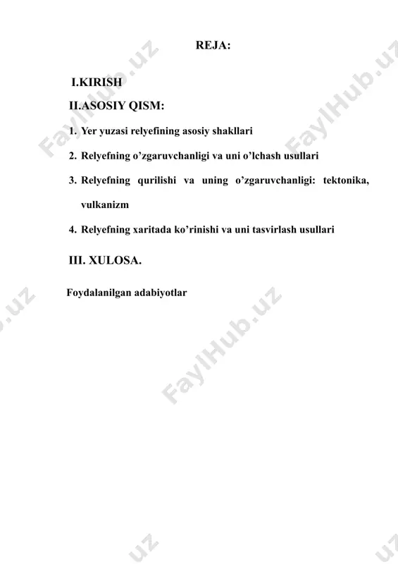 iq toshlar kunduzi quyosh nuridan qiziydi, kechasi soviydi. natijada yorilib, maydalanib ketadi. xullas, tashqi kuchlar tog‘larni yemirib, chuqurliklarni to‘ldiradi, ya'ni, yer yuzasidagi baland-pastliklarni tekislaydi. shunday qilib, ichki kuchlar bilan tashqi kuchlar bir-birlariga butunlay teskari ish bajaradi. ya'ni ichki kuchlar baland-pastliklar hosil qiladi, tashqi kuchlar esa ularni tekislaydi. materiklar – yer po‘stining ko‘tarilib qolgan eng yirik bo‘laklari.materiklar va okeanlar yer relyefining eng yirik shakllaridir.materiklarning katta qismi okean suvlaridan ancha baland ko‘tarilib turadi. yer sharida 6 ta materik bor. bular: yevrosiyo, afrika, shimoliy amerika, janubiy amerika, avstraliya va antarktida. dunyo okeani – materiklarni o‘rab turgan va bir-biri bilan tutashib ketgan suvli hudud. dunyo okeani to‘rtta – tinch, atlantika, hind, shimoliy muz okeanlari. dunyo okeani yer yuzining 71 foiz (%)ini, quruqlik esa 29% ini egallagan. kurs ishining dolzarbligi –kurs ishini asosiy mavzusi relyef va uning shakllari bo’lib bu ish davomida biz yer yuzasi relyefi, uning shakllari, ularning qanday paydo bo’lishi va o’lchash usullari …