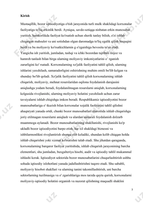 hiqilgan va muammolar yechilgan ittifoqdosh respublikalarga foydalanish uchun jo'natilgan. sobiq ittifoqning parchalanishi tufayli ittifoqdosh respublikalar mustaqil davlatlarga aylandi, ulardan har bittasi bozor munosabatlariga o'tish uchun o'z yo'lini tanlab, ijtimoiy-iqtisodiy rivojlanishni davom ettirib, bozor iqtisodiyotini shakllantirmoqda. ular orasida o'zbekiston ham o'zining bozor iqtisodiyotiga o'tish modelini ishlab chiqib, xalq xo'jaligini bozor munosaballari sharoitida rivojlantirgan holda ijobiy natijalarni qo'lga kiritib kelmoqda. respublikada amalga oshirilayotgan iqtisodiy islohotlarni huquqiy bazasini tashkil qiluvchi respublika qonunlari, prezident farmonlari va qarorlari hamda vazirlar mahkamasining yuzlab qarorlari qabul qilindi va qabul qilinmoqda. respublikada amalga oshirilayotgan iqtisodiy islohotlarning eng asosiy yo'nalishlaridan biri - bu boshqaruv tizimini takomillashtirish hisoblanadi. bu masalani ijobiy hal etishda korxonalarning xo'jalik faoliyati va moliyaviy holatini tahlil qilish muhim rol o'ynaydi, chunki korxonalar faoliyatini tahlil qilish boshqaruv tizimi samaradorligini oshirishning muhim sharti hisoblanadi. bozor munosabatlari davrida bu shartning asosiy qismi korxonalar moliyaviy holatining tahlili hisoblanadi. respublikada yangi moliyaviy hisobot shakllari qabul qilindi, ularni o'rganish va ulardan keng …