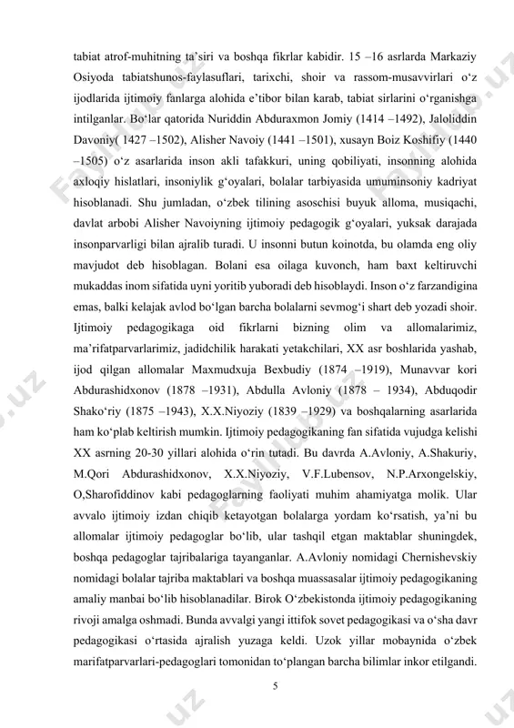 ida yashab, ijod qilgan allomalar maxmudxuja bexbudiy (1874 –1919), munavvar kori abdurashidxonov (1878 –1931), abdulla avloniy (1878 – 1934), abduqodir shako‘riy (1875 –1943), x.x.niyoziy (1839 –1929) va boshqalarning asarlarida ham ko‘plab keltirish mumkin. ijtimoiy pedagogikaning fan sifatida vujudga kelishi xx asrning 20-30 yillari alohida o‘rin tutadi. bu davrda a.avloniy, a.shakuriy, m.qori abdurashidxonov, x.x.niyoziy, v.f.lubensov, n.p.arxongelskiy, o,sharofiddinov kabi pedagoglarning faoliyati muhim ahamiyatga molik. ular avvalo ijtimoiy izdan chiqib ketayotgan bolalarga yordam ko‘rsatish, ya’ni bu allomalar ijtimoiy pedagoglar bo‘lib, ular tashqil etgan maktablar shuningdek, boshqa pedagoglar tajribalariga tayanganlar. a.avloniy nomidagi chernishevskiy nomidagi bolalar tajriba maktablari va boshqa muassasalar ijtimoiy pedagogikaning amaliy manbai bo‘lib hisoblanadilar. birok o‘zbekistonda ijtimoiy pedagogikaning rivoji amalga oshmadi. bunda avvalgi yangi ittifok sovet pedagogikasi va o‘sha davr pedagogikasi o‘rtasida ajralish yuzaga keldi. uzok yillar mobaynida o‘zbek marifatparvarlari-pedagoglari tomonidan to‘plangan barcha bilimlar inkor etilgandi. pedagogikada shunday shior tarqalgandi “olam zo‘ravonlikdir, biz uni ildizi bilan ko‘paramiz”. marksist pedagoglar tomonidan, shu vaqtgacha …