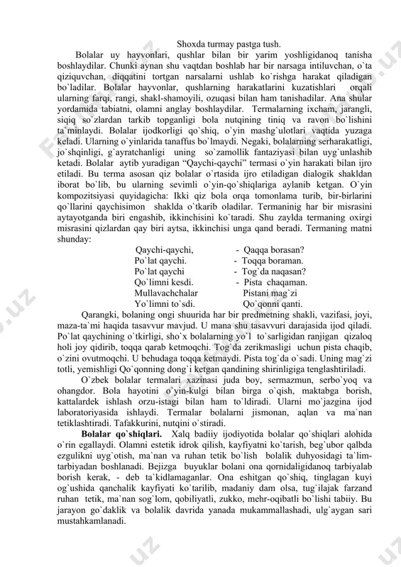 tahlil va tadqiq etish. bolalarning ma`naviy olamini shakllanishida xalq badiiy ijodi yetakchi vazifani o`taydi. bola tug`ilganidanoq ona allasi orqali xalq merosidan bahramand bo`ladi. ulg`aygan sari xalq yaratgan bitmas-tuganmas ma`naviy xazinaning aqiqu marjonlaridan zavqlanib, kamolotga erishadi. bolani allalagan, erkalagan, qo`shiqlar va o`yinlar olamiga chorlagan, lirik hislar, lavhalar orqali hayajonini jo`nbushga keltirgan ijodkorning poeziya yaratish jarayoni o`ziga xos mahoratni talab etadi. bolalar uchun kattalar tomonidan maxsus ijod qilingan qo`shiqlar, o`yinlar orqali bola ruhiyatining hamma qirralarini o`sha janrda mujassamlashtirgan, tinglashi, aytib yurishiga moslashgan og`zaki adabiyot – bolalar folkloridir. u o`zining so`zi, kuyi, ritmi, obrazliligi, bo`yoqdorligi, jarangdorligi bilan boshqa janrlardan ajralib turadi. bolalar folklori ham turmush voqeliklarini so`z o`yinlari, musiqiy ohanglar, dramatik ijro shakllarida aks ettiradi. bolalarda vatanparvarlik, erksevarlik, mehnatga muhabbat, kishilarga ishonch, do`stlarga sadoqat, tabiatga e`tibor tuyg`ulari qo`shiqlar, o`yinlar orqali shakllantirib boriladi. umumiylikdan xususiylikka qarab siljish mukammallik kasb etadi. bolalar folklorining janrlari ham bundan mustasno emas. inson umrining to`rt davri yilning to`rt fasliga …