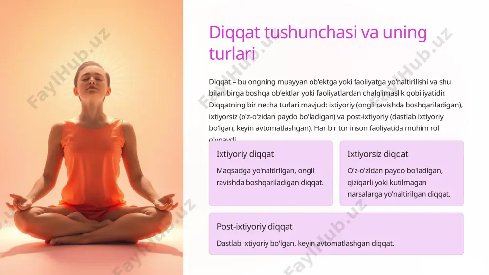 diqqatni jamlashga va ongni tinchlantirishga yordam beradi. mashqlar miya faoliyatini yaxshilaydi va diqqatni kuchaytiradi. o'yinlar diqqatni ko'chirish va taqsimlash qobiliyatini rivojlantiradi. maxsus dasturlar esa diqqatni boshqarish ko'nikmalarini o'rgatadi. meditatsiya diqqatni jamlash va ongni tinchlantirish. mashqlar miya faoliyatini yaxshilash va diqqatni kuchaytirish. o'yinlar diqqatni ko'chirish va taqsimlash qobiliyatini rivojlantirish. 8 diqqatning buzilishi va uning sabablari diqqatning buzilishi – bu diqqatni jamlash yoki saqlab qolish qobiliyatining yo'qolishi yoki pasayishi. diqqatning buzilishiga turli xil sabablar ta'sir qilishi mumkin. bularga stress, charchoq, uyqusizlik, depressiya, giyohvand moddalar, miya shikastlanishi va diqqat yetishmasligi giperaktivlik buzilishi (dehb) kiradi. diqqatning buzilishi insonning o'qishi, ishlashi va munosabatlariga salbiy ta'sir qilishi mumkin. 40% stress stress diqqatni buzilishiga olib kelishi mumkin. 30% charchoq charchoq diqqatni susaytiradi. 20% uyqusizlik uyqusizlik diqqatni buzilishiga sabab bo'ladi. 9 diqqatni yaxshilashga oid amaliy tavsiyalar diqqatni yaxshilash uchun bir nechta amaliy tavsiyalarga amal qilish mumkin. bularga vaqtni to'g'ri rejalashtirish, vazifalarni kichikroq qismlarga bo'lish, chalg'ituvchi omillardan qochish, muntazam …