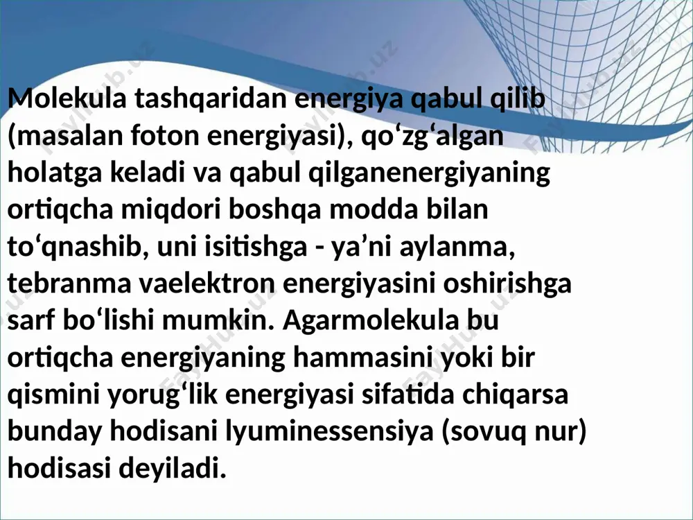 shi mumkin: haroratning ortishi, konsentratsiyaning o‘zgarishi, tashqi ionlar ta’siri, molekulalarda ichki o‘zgarishlar va hokazo. vavilov lyuminessensiyaning so‘nishini ikki turga bo‘ladi. 1) so‘nishning birinchi turi - molekula ichki strukturasining o‘zgarishidir. bu o‘zgarishlar molekular qo‘zg‘algan holatda ham sodir bo‘lishi mumkin. lekin buhol jismdan qo‘zg‘atuvchi manbaa olib qo‘yilganda fosforessensiyaga ta’siri bo‘lmaydi 2) so‘nishning ikkinchita’siri, masalan eritmada begonaturi - tashqi faktorlarning ionlar ta’siri, nurniso‘ndirishning boshqa sabablari ham bor. haroratningortishi bilan ham nurlanish so‘nadi. v.i.levshinning kuzatishi bo‘yicha, bo‘yoqlarningeritmalarida harorat ta’sirida lyuminessensiyaning so‘nishi,modda konsentratsiyasiga bog‘liq emas. lyuminessensiyaning so‘nishi qaytar jarayondir. moddakonsentratsiyasining ortishi, nurlanishni kamaytirsa yoki butunlay so‘ndirsa, konsentrlangan eritmalarni suyultirganda esa nurlanish yana paydo bo‘ladi. nurlanishning so‘nishi haqida ikkita nazariya bor: 1. molekulalarning assotsiatsiyalanishi nazariyasi.2. energiyaning migratsiyalanish nazariyasi. nurlanishning so‘nishi haqida ikkita nazariya bor: 1. molekulalarning assotsiatsiyalanishi nazariyasi.2. energiyaning migratsiyalanish nazariyasi. 1) konsentratsiyaning ortishi zarrachalar orasidagi masofaningkamayishiga olib keladi. ko'pchilik moddalar uchun konsentratsiya104-10'3 mol/1 orasida bo‘ladi. bu vaqtda molekulalar oralig‘i 25-100 a ga to‘g‘ri keladi va …