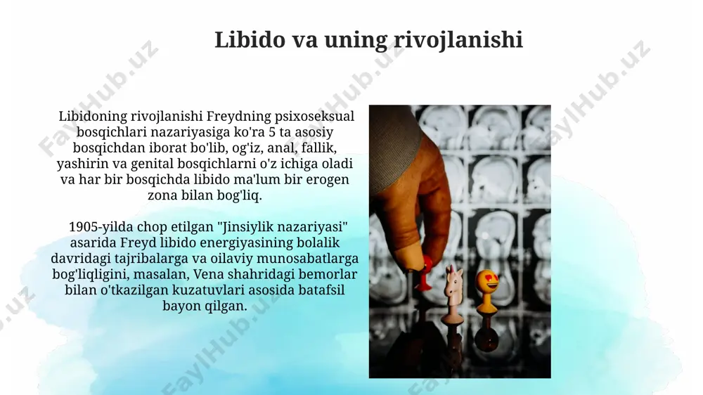 , masalan, uchuvchi qush yoki chuqur quduq, bemorning ongsiz xohishlarini va qo'rquvlarini aks ettirib, psixoanalitik davolashda nevroz belgilarining kelib chiqish sabablarini 5-10 ta sessiya davomida aniqlashga yordam beradi. nevrozlarga psixoanalitic yondashuv 1920-yillarda, germaniyada olib borilgan tadqiqotlar shuni ko'rsatdiki, bolalikdagi travmalar va 5 yoshgacha bo'lgan tajribalar nevrozlarning rivojlanishida muhim rol o'ynaydi. sigmund freudning nazariyasiga ko'ra, nevrozlarning 3 asosiy mexanizmi – repressiya, proyeksiya va reaksiya shakllanishi hisoblanadi. bu mexanizmlar bilinçaltı konfliktlar natijasida paydo bo'ladi. e'tiboringiz uchun rahmat @taqdimot_robot image2.jpg image3.jpg image4.jpg image5.jpg image6.jpg image7.jpg image8.jpg image9.jpg image10.jpg image11.jpg image12.jpg image13.jpg image14.jpg image15.jpg image16.jpg image17.jpg image18.jpg image1.png