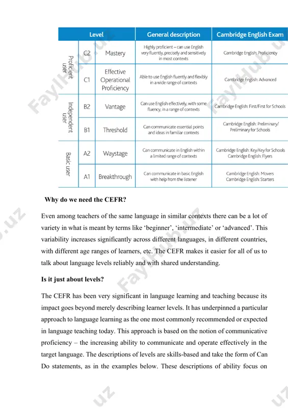 communicative purpose and make for a very practical approach, which looks at what people can do – rather than on specific linguistic knowledge. examples of can do statements from the cefr what is it used for? the cefr is used for many different practical purposes: progressing through the cefr levels the cefr helps us understand the different levels of language proficiency. it also helps us understand how learners progress through the levels. cambridge english language assessment estimates that learners typically take the following guided learning hours top progress between levels. ‘guided learning hours’ means time in lessons as well as tasks you set them to do. you will notice that it takes longer to progress a level as learners move up the scale. of course, learners will vary in how long they take depending on many factors. this means that many learners will follow more than one course to progress …