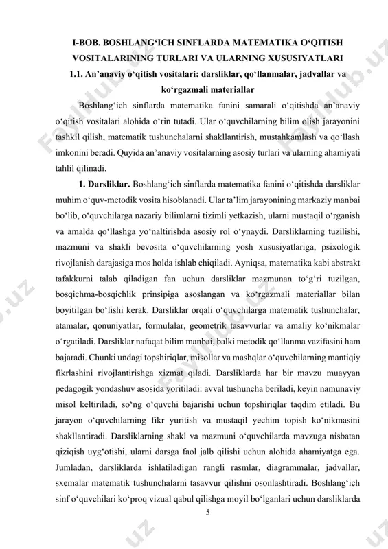 ali ifodalar, real hayotiy misollar, bolalarga tanish bo‘lgan holatlarda bayon qilingan vazifalar bo‘lishi katta samara beradi. bu o‘quvchilarda matematika faniga nisbatan ijobiy munosabat shakllanishiga sabab bo‘ladi. bugungi kunda respublikamizda ishlab chiqilayotgan yangi avlod darsliklarida zamonaviy metodik yondashuvlar keng qo‘llanilmoqda. jumladan, kompetensiyaga asoslangan yondashuv asosida darsliklar faqat bilim berish bilan cheklanmay, balki o‘quvchining turli hayotiy vaziyatlarda o‘z bilim va ko‘nikmalarini qo‘llay olishiga yo‘naltirilmoqda. bu esa ta’limning sifatini oshirish, real hayotga mos bilim berish yo‘lidagi muhim qadamdir. darslikdagi har bir mashq yoki topshiriq ma’lum bir kompetensiyani shakllantirishga qaratilgani, uni turli usullarda bajarish imkoniyati mavjudligi o‘quvchini faollikka chorlaydi. matematika darsliklarida bo‘limlar o‘zaro bog‘liq, tizimli va mantiqiy ketma-ketlikda beriladi. bu o‘quvchiga o‘zlashtirilgan bilimlarni navbatdagi mavzuda qo‘llashga yordam beradi. darsliklarda berilgan misollar ham turli darajadagi qiyinchilikka ega bo‘lgan holda tanlanadi: oddiydan murakkabgacha bo‘lgan mashqlar o‘quvchilarning intellektual salohiyatini bosqichma-bosqich rivojlantiradi. shuningdek, o‘quvchilarning mustaqil ishlash malakasini rivojlantirish uchun turli interaktiv topshiriqlar, rasmli misollar, hayotiy vaziyatlar asosida tuzilgan …