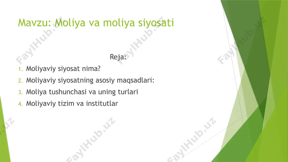 b chiqarish hajmini oshirish va yangi ish o‘rinlarini yaratish. byudjet taqchilligini kamaytirish – davlat xarajatlarini optimallashtirish va daromadlarni oshirish. moliyaviy barqarorlikni ta’minlash – bank tizimi va moliyaviy institutlarning ishonchliligini saqlash. moliyaviy siyosat samarali olib borilsa, iqtisodiy rivojlanish barqaror bo‘ladi va aholining turmush darajasi oshadi. moliya tushunchasi va uning turlari davlat moliyasi davlat moliyasi hukumatning daromad va xarajatlarini boshqarish bilan bog‘liq. u quyidagi tarkibiy qismlardan iborat: davlat byudjeti – davlatning daromad va xarajatlarini aks ettiruvchi moliyaviy reja. soliqlar – davlat tomonidan aholi va korxonalardan yig‘iladigan majburiy to‘lovlar. davlat qarzi – hukumatning ichki yoki tashqi manbalardan olgan qarzlari. davlat xarajatlari – ijtimoiy soha, mudofaa, infratuzilma, ta’lim va sog‘liqni saqlash uchun ajratiladigan mablag‘lar. korporativ moliya bu biznes subyektlarining moliyaviy boshqaruvi bilan bog‘liq bo‘lib, quyidagilarni o‘z ichiga oladi: investitsiyalar – korxonalarning o‘sishi va rivojlanishi uchun sarflanadigan mablag‘lar. moliyaviy boshqaruv – korxona mablag‘larini samarali taqsimlash va boshqarish. dividend siyosati – aktsiyadorlarga foydaning taqsimlanish tartibi. shaxsiy …