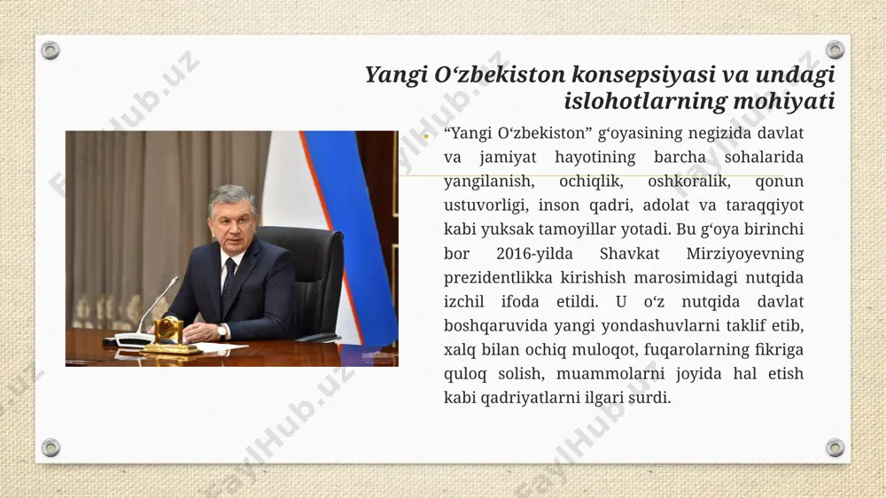 tga aylantirishni maqsad qilgan. yangi o‘zbekiston g‘oyasi nafaqat ijtimoiy, balki ta’lim sohasidagi yangilanishlarni ham o‘z ichiga oladi. bu o‘zgarishlarning markazida ilm-fan, ta’lim, ilmiy-tadqiqot va ta’lim muassasalari o‘rtasidagi integratsiya mavjud. yangi o‘zbekiston g‘oyasining asoslari milliy davlatchilik tarixidan kelib chiqadi. maktab ostonasidan boshlanadigan tarbiya va taʼlim o‘zbekiston hududida qadimdan markazlashgan davlatlar mavjud bo‘lgan. amir temur davrida jahon tarixida iz qoldirgan davlat boshqaruvi, iqtisodiy rivojlanish va ilm-fan yuksalishi bugungi kunda ham yodga olinadi. amir temurning davlatni boshqarish usuli, adolatli hukmronlik, ilm-fan va madaniyatga bo‘lgan e’tibor, o‘zbekiston tarixidagi buyuk davlat va jamiyat tuzilmasining yuksak namunasi sifatida qaraladi. bu tarixiy tajriba o‘zbekistonning mustaqillikka erishganidan keyingi davrda ham o‘zining ijtimoiy va siyosiy mazmunini yo‘qotmagan. maktab ostonasidan boshlanadigan tarbiya va taʼlim yangi o‘zbekiston g‘oyasi, shuningdek, xalqaro aloqalar, tashqi siyosat va global integratsiya masalalarida ham yangi bir bosqichni boshladi. o‘zbekistonning xalqaro maydondagi roli va uning chet el davlatlari bilan aloqalari o‘zgarib bormoqda. o‘zbekiston respublikasining ta’lim tizimi sohasida amalga …