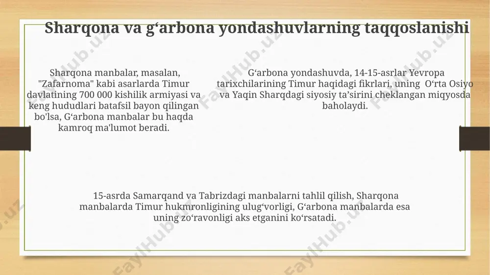 fida markazlashgan holda o'rganildi, samarqand va hirot kabi yirik shaharlarning ahamiyati ta'kidlandi. 1930-yillardagi sovet tarixshunosligida temuriylar davri iqtisodiyotining feodal xususiyatlari, 3-4 ta asosiy ijtimoiy qatlamning mavjudligi va ularning o'zaro munosabatlari kabi masalalar asosiy o'rinda turdi. e'tiboringiz uchun rahmat @taqdimot_robot image3.png image4.png