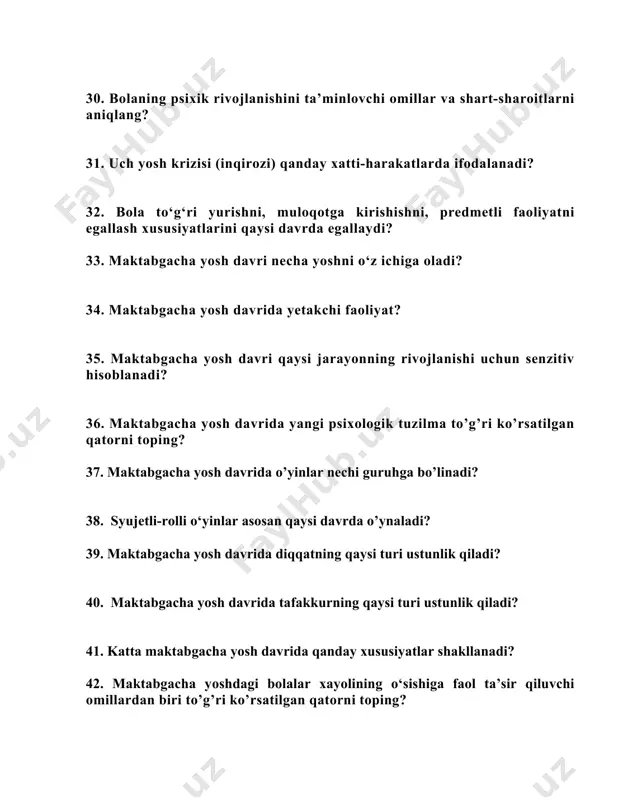 ri ko’rsatilgan qatorni toping? 43. uch yashar bolaning so‘z boyligi nechtagacha yetadi? 44. axloqiy o‘z-o‘zini boshqarish qaysa davrda shakllana boshlaydi? 45. necha yoshga kelib bolaning katta miya yarim sharlari ma’lum darajada rivojlangan bo’ladi? 46. 7-10 yoshli bolalarda ranglarni tuslarini sezish necha foiz ortishi kuzatilgan? 47. kichik maktab davrida diqqatning qaysi turi ustunlik qiladi? 48. kichik maktab yoshidagi o’quvchilar faolligining asosan nechta turi mavjud? 49. l.s vigotiskiy ta’kidlashicha ijtimoiy munosabatlarda bolaning individual xulq-atvori qaysi yosh davrida shakllanadi? 50. kichik maktab yoshidagi bolalarni o’z xatti- harakatini o’zi nazorat qilishga o’rgatuvchi uslub qaysi qatorda to’g’ri ko’rsatilgan? 51. bolalar kattalarning fikr va bergan baholariga qarab, o‘zlariga o‘zlari baho beradigan yosh davri to’g’ri keltirilgan javobni belgilang? 52. kasbiy layoqati yo‘q bo‘lgan o‘qituvchilarga xos bo‘lgan uslub keltirilgan javobni belgilang? 53. kichik maktab yoshi davrida yetakchi faoliyat turi nima? 54. nechanchi sinfdan boshlab o‘qishga qiziqish differensiallasha boshlaydi? 55. o’smirlik davrida nutqning qaysi turi faol rivojlangan bo’ladi? 56. …