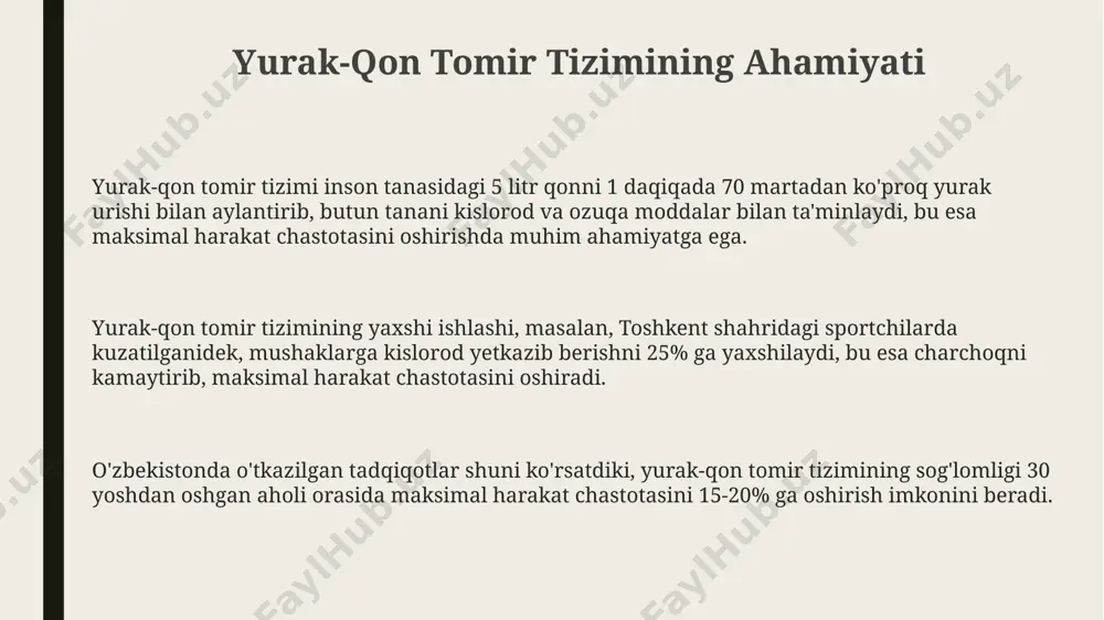 choraklik hisobotlarni oʻz ichiga oladi, bu esa har bir hududda, masalan, fargʻona vodiysida, kamida 1000 dan ortiq odamning mashgʻulotlariga qatnashishini kuzatish imkonini beradi. rejaning muvaffaqiyatli amalga oshirilishi uchun 3 ta asosiy koʻrsatkich nazorat qilinadi: ishtirokchilar soni, mashgʻulotlar chastotasi va shikastlanishlar soni, ma'lumotlar esa buxoro shahridagi markaziy ma'lumotlar bazasida saqlanadi. to'g'ri ovqatlanish va suv balansi har 3 soatda oz-ozdan ovqatlanish, ya'ni kuniga 5-6 marta, qon shakarining barqarorligini ta'minlaydi va energiya manbasini uzluksiz ta'minlash orqali mushaklarning maksimal harakat chastotasini oshiradi. bu, toshkent shahridagi sportchilar tomonidan qo'llaniladigan bir usuldir. protein miqdori yuqori bo'lgan mahsulotlar, masalan, 100 gramm go'shtda 20-30 gramm protein, mushaklarning tiklanishi va maksimal harakat chastotasini saqlash uchun zarurdir. bu esa samarqand viloyatida yetishtiriladigan mahsulotlar orqali ham ta'minlanishi mumkin. to'g'ri ovqatlanishda kuniga kamida 2-2,5 litr suv iste'mol qilish, ayniqsa, o'zbekistonning issiq iqlim sharoitida, mushaklarning maksimal chastotadagi harakatlarini ta'minlash uchun juda muhimdir. jismoniy mashqlarning turi va intensivligi yuqori intensivlikdagi intervalli mashqlar (hiit), masalan, …
