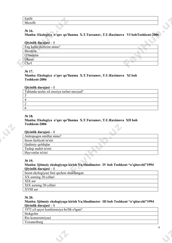 sunov, t.u.raximova xi bob toshkent-2006 qiyinlik darajasi – 2 fotoperiodizm nima? kun bilan tunning qonuniyatli almashishi o'simliklarning yorug'likka munosabati havodagi namlik miqdori o'simliklarning suv bug'latishi № 32. manba: ekologiya o’quv qo’llanma x.t.tursunov, t.u.raximova ix bob toshkent-2006 qiyinlik darajasi – 2 o'rta osiyodagi daryolarning asosiy to'yinish manbalari qor va muz yer osti suvlari yomg'ir muz va yomg'ir № 33. manba: ekologiya o’quv qo’llanma x.t.tursunov, t.u.raximova xii bob toshkent-2006 qiyinlik darajasi – 2 o'zbekiston konstitutsiyasining qaysi moddalarida atrof -muhit masalalari ko'rilgan? 50,54,55,100 50,100,75,11 50,54,56,100 50,65,70,100 № 34. manba: ijtimoiy ekologiyaga kirish yu.shodimetov ii bob toshkent “o’qituvchi”1994 qiyinlik darajasi – 2 ijtimoiy ekologiyaning mikrotuzilishi ....ni o'z ichiga oladi. ishlab chiqarish ekologiyasi,inson ekologiyasi,fazo ekologiyasi inson ekologiyasi fazo ekologiyasi ishlab chiqarish ekologiyasi № 35. manba: ijtimoiy ekologiyaga kirish yu.shodimetov vi bob toshkent “o’qituvchi”1994 qiyinlik darajasi – 2 "xxi asrga kun tartibi" dasturi qaysi konferensiyada ishlab chiqilgan? rio stokgolm parij yoxanesburg № 36. manba: ijtimoiy ekologiyaga …
