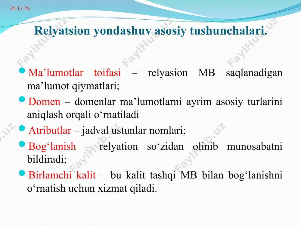 birga-ko‘p» va «ko‘pga-bir» bog‘lanishalari faqat yo‘nalishi bilan farq qiladi. agar «ko‘pga-bir» bog‘lanishida asosiy jadval tomondan emas bo‘ysinuvchi jadval tomondan qarasak u holda «birga-ko‘p» bog‘lanishga aylanadi. ko`pga ko`p bog`lanish «ko‘pga-ko‘p» bog‘lanishida bir vaqtni o‘zida asosiy va bo‘ysinuvchi jadvallarda ko‘p ma’lumotlar bir-biriga mos keladi. masalan, institutda darslar jadvalini loyixalashda auditoriya raqamlari va o‘quv guruxlari haqida ma’lumotlar saqlovchi jadvallar o‘rtasida bog‘lanish o‘rnatiladi masalliq_id masalliq_nomi 1 piyoz 2 go`sht 3 tuz 4 kartoshka taom_id taom_nomi 1 osh 2 manti 3 sho`rva id masalliq_id taom_id 1 1 1 2 1 2 3 1 3 4 2 1 5 2 2 6 2 3 bog`langan jadvallar bilan ishlash bog‘lanish maydonini o‘zgartirish bog‘lanishni buzilishiga olib kelishi mumkin. shuning uchun asosiy va bo‘ysinuvchi jadvallarda mos o‘zgartirishlar qilish kerak. asosiy jadvaldan ma’lumotlarni o‘chirganda bo‘ysinuvchi jadvaldan ham unga mos ma’lumotlarni o‘chirish kerak (kaskad). bo‘ysinuvchi jadvalga ma’lumot qo‘shganda bog‘lanish maydoni qiymati asosiy jadval bog‘lanish maydoni qiymati bilan bir xil bo‘ladi nazorat …
