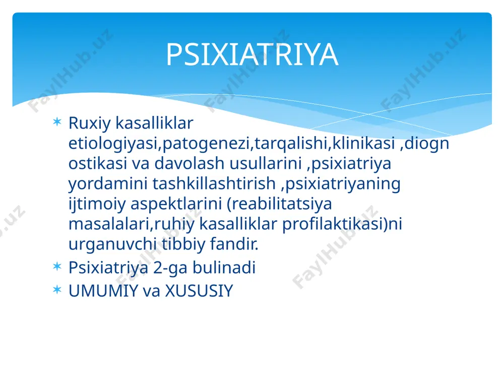 ik birliklarni qushadigan belgilarni tan olishni nazarda tutadi.ushbu usulni muloqot usullaridan foydalanish qobilyati deb xisoblash mumkin buning natijasida aloqa urnatiladi,kechinmalar aniqlanadi,ruhiy holat tavsiflanadi,tashxis quyiladi,prognoz baholanadi,taerapiya buyuriladi. bemor bilan suxbatloshyotganda shifokor 4 ta savolni aniqlaydi; 1.nima…..(bezovta qiladi,uzini namoyon qiladi)? 2.qayerda ….(bezovta qiladi,paydo buladi)? 3.qachon ….(ilgari va hozir bezovta qilingan,namoyon bulgan)? 4.nima uchun….(bemorning fikriga kura bu sodir buladimi va bu sodir buladimi va u buni nima bilan boglaydi)? tibbiyot deontologiyasi tibbiyot deontologiyasi vrach burchi,qiyofasi,obrosi,nomusi va vijdoni haqidagi fan. deontologiya-yunonchadan burch degani bulsa,etika-grekchadan ahloq degan manoni anglatadi.gippokrat qasamyodi tibbiyot deontologiyasi va etikasiga oid kup iboralar keltirilgan. deb xitob qilingan. shifokor bemorni eshitayotib nafaqat uning kasaligini aniqlaydi ,balki davolaydi ham! tugri bemor kasalligiga taluqli bulmagan malumotlarni kup suzlashi shifokorning vaqtini behuda ugirlashi mumkin.bunday paytda bemorga kasalligiga doir qushimcha savollar berib ,uni tugri yulga solish zarur ayniqsa nevrozga chalingan bemor kup suzlashni ,shikoyatlarini rang-barang qilib aytishni hush kuradi.yana u zamonaviy apparatlarda bir qancha tekshiruvlardan utishni …