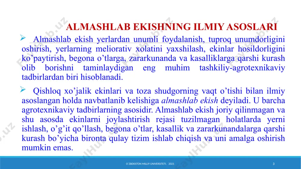 ator oralari ishlanadigan ekinlar o’t dalali, shu jumladan, tuproqni himoya qilishdagi ekinlar don-o’t, shu jumladan sholi qator oralari ishlanadigan, shu jumladan, sabzavot ekinlari o’t-qator oralari ishlanadigan, jumladan sabzavot ekinlari, paxta, tamaki almashlab ekish klassifikatsiyasi sinov savollari: 1. almashlab ekish nima? 2. almashlab ekish sxеmasi va rotatsiyasi. 3. almashlab ekishni taqazo etadigan sabablar. 4. almashlab ekish klassifikatsiyasi. umumiy dеhqonchilik o`zbekiston milliy universiteti, 2021 5.2 - ма’ruza «almashlab ekishni o’zlashtirish va joriy qilish» 10 qishloq xo’jaligi fanlari nomzodi dоsent: sidiqov saidjon ма’ruza rejasi: o`zbekiston milliy universiteti, 2021 11 1. almashlab ekishni o’zlashtirish va joriy qilish 2. paxtakor xo’jaliklar uchun tavsiya etilgan almashlab ekish sxеmalari 3. sabzavot ekinlarini almashlab ekish o`zbekiston milliy universiteti, 2021 12 xo’jaliklarda almashlab ekishni o’zlashtirish va joriy qilish ikki davrda amalga oshiriladi. birinchi davr almashlab ekishni o’zlashtirishni, yani tashkiliy-xo’jalik, agrotеxnika va yer tuzish ishlarini o’z ichiga oladi. har bir xo’jalikda uning yo’nalishi yoki ixtisosligi bo’yicha rivojlantirishning istiqbolli rеjasi tuziladi. …