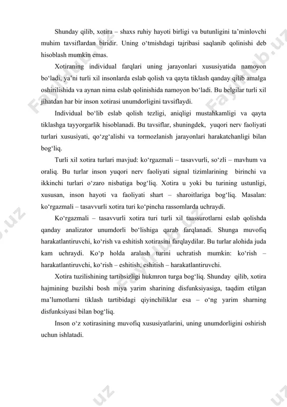 gan tafovutlar og‘zaki va ko‘rish xotirasining hajmida kuzatilmaydi. a.r.luriya va boshqalarning «10 ta so‘z» metodikasi yordamida oldindan eslab qolishni tadqiq qilishda, nutqida og‘ir buzilishlar bo‘lgan bolalarda qator xususiyatlar uchraydi: ular vazifalar sharoitida sekinroq mo‘ljal olishadi va ularning natijalarini solishtirganda me’yordan pastroq bo‘ladi. motor alaliyali bolalar birinchi aytilgandan keyin (yeshitib turib) faqatgina bir qancha so‘zlarni qayta tiklaydi, bunda ular bir so‘zni bir necha marta qaytarishi mumkin yoki yangi so‘zlar aytadi (paramneziya). og‘zaki paramneziyalar bu turga kiruvchi bolalar uchun o‘ziga xos nutq fikrlash tizimini ichki o‘zgaruvchanligini aks ettiradi. paramneziyaga beriluvchanlik dizartriyali bolalarga xos emas. nutqida patologiyasi bor bolalar qo‘yilgan xatolarini e’tiborga olmaydilar va tuzatmaydilar. hamma bolalarda surilishni tiklash bir xil past bo‘lar ekan. ular 10 daqiqadan so‘ng 5 ta so‘zni, keyingi kun – 1-3 ta so‘zni tiklaydi. motor alaliyali bolalar uchun o‘nta so‘zning o‘rtadagi qismlarini tiklash ayniqsa qiyin bo‘lar ekan. xotiraning tadqiqoti shunday xulosa qilishga imkon beradiki, bu turdagi bolalarni me’yorda gapiradigan …
