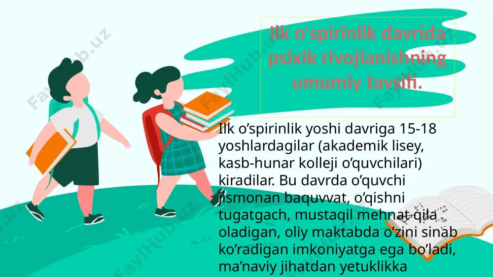 adi. hayotda o’z o’rnini topishga intilish kasb-hunar egallash, ixtisoslikni tanlash, istiqbol rejasini tuzish, kelajakka jiddiy munosabatda bo’lishni keltirib chiqaradi. biroq bu davr kuch-g’ayrat, shijoat, qahramonlik ko’rsatishga urinish, jamoat, jamiyat va tabiat hodisalariga romantik munosabatda bo’lish bilan boshqa yosh davrlaridan keskin farqlanadi. ayniqsa, turmush va o’qish faoliyatlarining yangicha shart-sharoitlari sinf (kurs) jamoasidagi o’zgacha vaziyat, ilk o’spirinlarning maxsus ta’lim tizimida egallagan yuqori mavqyei, jamoatchilik ishlarida tajriba orttirishlari ular oldiga yuksak talab hamda mas’uliyatli vazifalar qo’yadi. bu davrda ilk o’spirin yangicha ta’lim muhitida tashkilotchilik, rahbarlik, tarbiyachilik, tashviqotchilik vazifalarini o’tay boshlaydilar. ilk o’spirinning psixik rivojlanishini harakatga keltiruvchi kuch jamoat tashkilotlari, o’quv jamoasi, ta’lim jarayoni qo’yadigan talablar darajasining oshishi bilan u erishgan psixik kamolot o’rtasidagi ziddiyatdan iboratdir. 2. ilk o’spirinlik yoshida shaxsning kamol topishi 63% 96% 30% 45% bu davrda ilk o’spirin yangicha ta’lim muhitida tashkilotchilik, rahbarlik, tarbiyachilik, tashviqotchilik vazifalarini o’tay boshlaydilar. ilk o’spirinning psixik rivojlanishini harakatga keltiruvchi kuch jamoat tashkilotlari, o’quv jamoasi, ta’lim jarayoni …