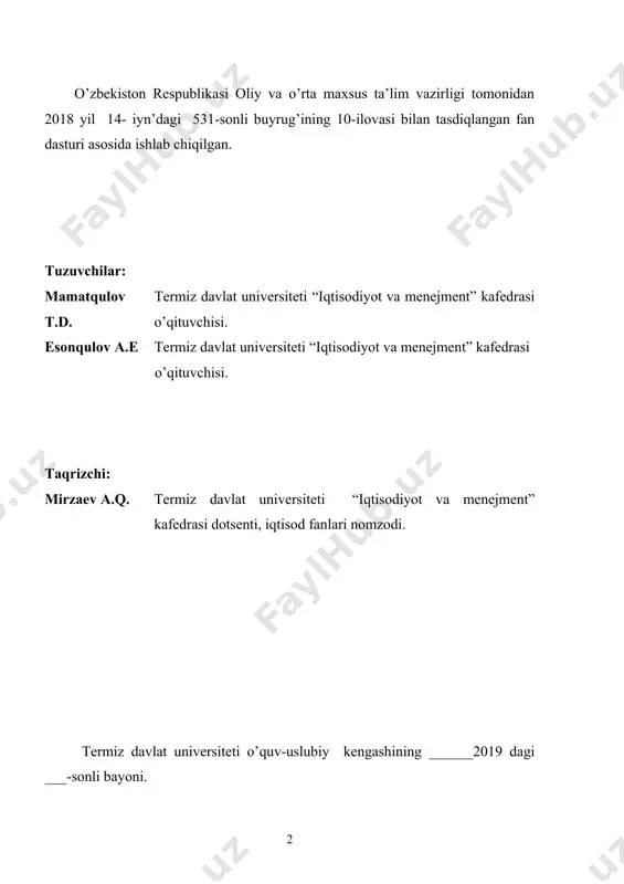 190 2.4. mehnat resurslari va mehnat potentsiali 191 2.5. aholini ish bilan bandligining shakllanishi va mohiyati 192 2.6. ishchi kuchi migratsiyasi va uning mehnat bozoriga ta’siri 193 2.7. ishsizlik: sabablari, xususiyatlari va kamaytirish yullari 194 2.8. mehnat unumdorligi: tushunchasi,o‘lchash omillari va zaxiralari 195 2.9. aholining turmush darajasi, daromadlari va uni davlat tomonidan tartibga solish 196 2.10. personal va inson resurslarini boshqarish 197 2.11 ish haqini tashkil etish va uni isloh qilish 198 2.12 aholini ijtimoiy muhofaza qilish 199 2.13 bozor munosabatlari tizimida mehnatni boshqarish 200 3. mustaqil ta’lim mashg’ulotlari 201 4. glossariy 203 5. ilovalar 210 5.1. fan dasturi 211 5.2. ishchi fan dasturi 221 5.3. tarqatma materiallar 248 5.4. testlar 261 5.5. baholash mezonlari 273 o’zbekiston respublikasi oliy va o’rta maxsus ta’lim vazirligi termiz davlat universiteti iqtisodiyot va turizim fakul’teti “iqtisodiyot va menejment” kafedrasi mehnat iqtisodiyoti fanidan ma’ruzalar matni tuzuvchilar: o’qituvchi. t.d mamatqulov o’qituvchi. a.e esonqulov termiz – 2019 …