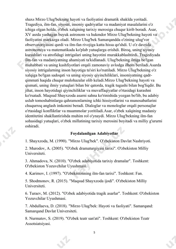 ti, uning qiziqishlari va qiyinchiliklari orqali, asar zamonaviy avlod uchun motivatsiya manbai bo'ladi. shayxzoda, ilm-fanning ahamiyatini ta'kidlab, yosh avlodni ilmga intilishga undaydi. 4. ijtimoiy va siyosiy masalalar "mirzo ulug'bek" tragediyasi ijtimoiy va siyosiy masalalarni ham ko'taradi. mirzo ulug'bekning siyosiy kurashi, uning atrofidagi siyosiy intrigalarga qarshi kurashi, asarda muhim o'rin tutadi. bu jihatlar, o'zbek tarixidagi ijtimoiy-siyosiy muammolarni yoritishda muhim rol o'ynaydi. 5. madaniy identitet asar, o'zbek xalqining madaniy identitetini shakllantirishda ham muhim ahamiyatga ega. mirzo ulug'bekning ilm-fan sohasidagi yutuqlari, o'zbek millatining tarixiy merosini yanada boyitadi va milliy g'ururni oshiradi. shayxzoda, asar orqali milliy qadriyatlarni saqlashga va rivojlantirishga chaqiradi. xulosa umuman olganda, "mirzo ulug'bek" tragediyasi o'zbek madaniyatida nafaqat adabiyotning rivojlanishiga hissa qo'shgan, balki tarixiy shaxslar va voqealarni yoritish orqali zamonaviy avlodni tarbiyalashda ham muhim rol o'ynaydi. ushbu asar, o'zbek xalqining tarixini, madaniyatini va ilm-fanini yanada chuqurroq anglashga yordam beradi. maqsud shayxzodaning “mirzo ulug'bek” tragediyasi o'zbek adabiyotining muhim asarlaridan biridir. ushbu asar, tarixiy …