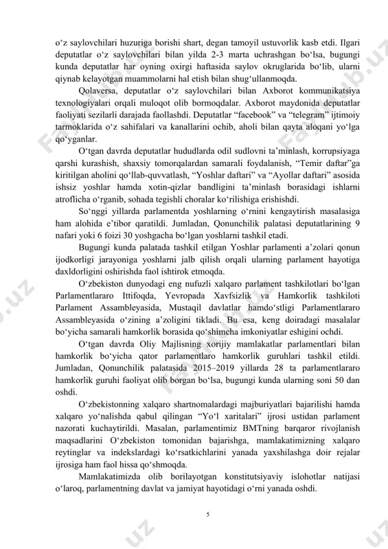 sezilarli darajada kengaytirildi. jumladan, vazirlar mahkamasining davlat dasturi ijrosi bo‘yicha parlament oldida har chorakda hisobot berish amaliyoti yo‘lga qo‘yildi. parlament nazoratining ushbu yangi shakli hukumatning xalq vakillari oldidagi mas’uliyatini oshirish, davlat dasturlarida belgilangan vazifalarning o‘z vaqtida bajarilishi ustidan nazoratni kuchaytirish hamda deputatlik korpusining islohotlar jarayonida faol ishtirokini ta’minlash yo‘lidagi muhim qadam bo‘ldi. hukumat a’zolarining deputatlar savollariga javoblarini eshitish – “hukumat soati” instituti amaliyotga samarali joriy etildi. mazkur institut parlament nazorati faoliyatiga yangicha ruh olib kirdi. bugungi kunda aholini tashvishga solib kelayotgan hayotiy dolzarb muammolarga aynan “hukumat soati” tadbirlarida yechim topilmoqda. ilk bor o‘zbekiston respublikasining davlat budjeti qonun shaklida qabul qilindi. o‘z navbatida, budjet ijrosi ustidan nazorat ham endilikda vazirlik va sohalar kesimida manzilli olib borilmoqda. bugungi kunda nafaqat hukumat faoliyatini nazorat qilish, balki, hukumat a’zoligiga nomzodlarni qonunchilik palatasi tomonidan ko‘rib chiqish va ma’qullash amaliyoti joriy etildi. bu esa hukumat tarkibini shakllantirishda xalq vakillarining bevosita ishtirokini ta’minlamoqda hamda ularning fikri va …