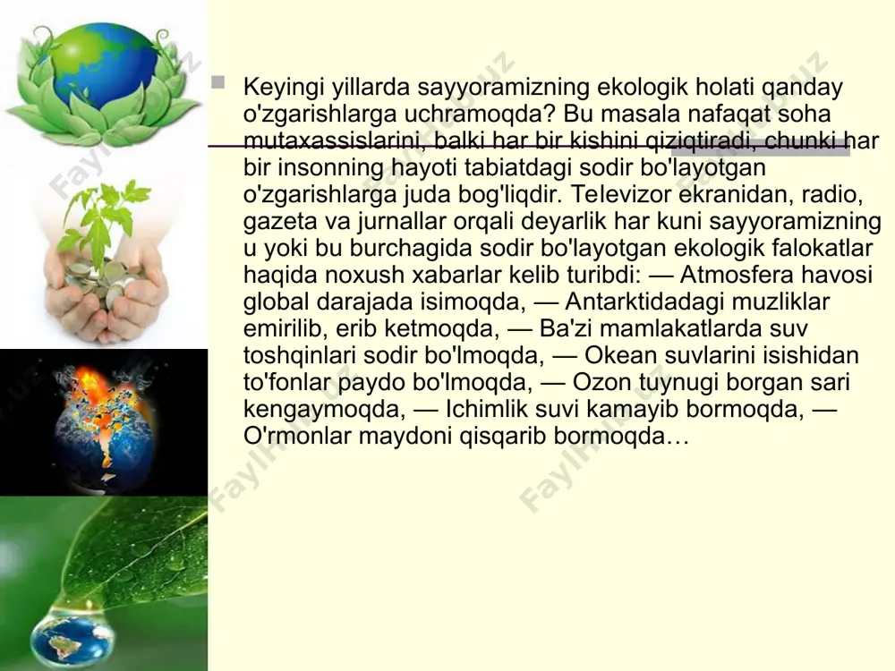 ongga ega bo'lish, kishini ekologik madaniyat sohibi bo'lishga etaklaydi. yoshlarga ekologik tarbiya berishda tabiat qo'yniga ekskursiya va yurishlar uyushtirish katta ahamiyatga egadir. tabiatni muhofaza qilish, tabiatdan oqilona foydalanish va ekologik sharoitlarni yaxshilada ekologik ta'lim va tarbiya muhim rol o'ynaydi. turli mamlakatlardagi ekologik vaziyat, tabiatdan foydalanish xususiyatlari ko'p jihatdan aholini ekologik savodxonlik darajasi, ekologik madaniyatiga bog'liqdir. atrof muhidni asraylik.