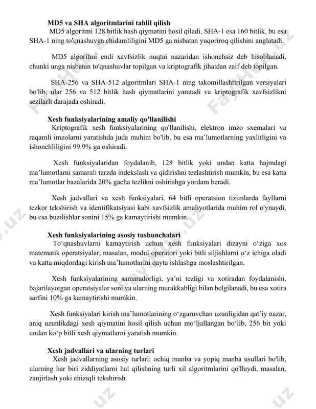 atini hosil qiladi, sha-1 esa 160 bitlik, bu esa sha-1 ning to'qnashuvga chidamliligini md5 ga nisbatan yuqoriroq qilishini anglatadi. md5 algoritmi endi xavfsizlik nuqtai nazaridan ishonchsiz deb hisoblanadi, chunki unga nisbatan to'qnashuvlar topilgan va kriptografik jihatdan zaif deb topilgan. sha-256 va sha-512 algoritmlari sha-1 ning takomillashtirilgan versiyalari bo'lib, ular 256 va 512 bitlik hash qiymatlarini yaratadi va kriptografik xavfsizlikni sezilarli darajada oshiradi. xesh funksiyalarining amaliy qo'llanilishi kriptografik xesh funksiyalarining qo'llanilishi, elektron imzo sxemalari va raqamli imzolarni yaratishda juda muhim bo'lib, bu esa ma’lumotlarning yaxlitligini va ishonchliligini 99.9% ga oshiradi. xesh funksiyalaridan foydalanib, 128 bitlik yoki undan katta hajmdagi ma’lumotlarni samarali tarzda indekslash va qidirishni tezlashtirish mumkin, bu esa katta ma’lumotlar bazalarida 20% gacha tezlikni oshirishga yordam beradi. xesh jadvallari va xesh funksiyalari, 64 bitli operatsion tizimlarda fayllarni tezkor tekshirish va identifikatsiyasi kabi xavfsizlik amaliyotlarida muhim rol o'ynaydi, bu esa buzilishlar sonini 15% ga kamaytirishi mumkin. xesh funksiyalarining asosiy tushunchalari to‘qnashuvlarni …