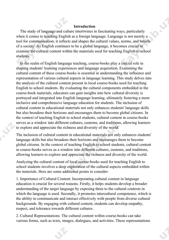 entation of cultural diversity. 3. cultural appropriateness: the cultural content should align with the local context in which the course-books are being used. it is essential for students to see connections between their own cultural background and the cultures being presented in the materials. by incorporating elements from the students' local culture, the course-books can enhance students' engagement and relevance to their own lives. 4. biases and stereotypes: one aspect of analyzing cultural content is identifying and addressing biases and stereotypes that may be present. stereotypes can perpetuate misconceptions and reinforce cultural biases. it is important to ensure that the course-books avoid generalizations and present cultural information in a nuanced and accurate manner. 5. impact on intercultural competence: the cultural content within course-books can significantly influence students' intercultural competence. by providing authentic and diverse cultural representations, students can develop a more nuanced understanding of different cultures, challenge stereotypes, and foster …