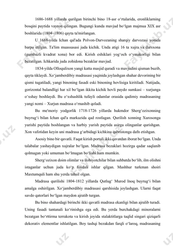 m shu yerda tahsil olgan. madrasa qurilishi 1804-1812 yillarda qutlug‘ murod inoq buyrug‘i bilan amalga oshirilgan. xo‘jamberdibiy madrasasi qarshisida joylashgan. ularni faqat savdo qatorlari bo‘lgan maydon ajratib turgan. bu bino shahardagi birinchi ikki qavatli madrasa ekanligi bilan ajralib turadi. uning fasadi tantanali ko‘rinishga ega edi. bu yerda burchakdagi minoralarni bezatgan bo‘rttirma terrakota va kirish joyida stalaktitlarga taqlid singari qiziqarli dekorativ elementlar ishlatilgan. boy tashqi bezakdan farqli o‘laroq, madrasaning ichki qismi juda kamtarona ko‘rinadi, bezaklar mavjud bo‘lganida ham, ular juda cheklangan miqdorda bo‘lgan. ta'lim muassasasi juda katta bo‘lib, bitiruvchilari bilan mashhur edi. ularning orasida olimlar, tarixchilar, shoirlar va oddiy bilimli odamlar bo‘lgan. unda talabalar yashaydigan ko‘plab hujralar mavjud. madrasa hovlisida yer osti suv ombori qurilgan bo‘lib, undan butun ichan qal'a aholisi ichimlik suvi olgan. shuningdek, madrasa hududida yozgi masjid qurilgan. qutlug‘ murod inoq aynan shu madrasada dafn qilinish istagini bildirgan. biroq, u ichan qal'a devorlari tashqarisida vafot etdi. afsonaga ko‘ra, marhumning …
