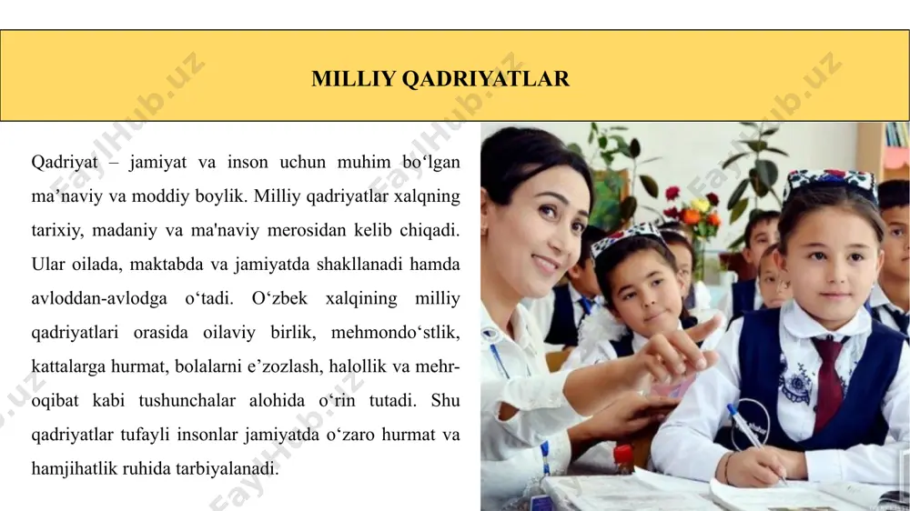 davlat ahamiyatiga ega sanalarini nishonlash anʼanasi. navroʻz – tabiat uyg‘onishi va yangilanish bayrami bo‘lib, unda mehr-oqibat va saxovat targ‘ib etiladi. qurbon hayiti – saxovat va bag‘rikenglik bayrami bo‘lib, unda insonlar bir-biriga mehribonlik ko‘rsatadi. mustaqillik kuni esa xalqning erkinligi va taraqqiyotini nishonlaydigan muhim sanadir. oilaviy marosimlar – oila va jamiyatda muhim o‘rin tutadigan anʼanalar. beshik toʻyi – chaqaloqning mustahkam oilaviy anʼanalarga mos ravishda ulg‘ayishiga tilak bildiradigan marosim. sunnat toʻyi – o‘g‘il bolalarning ulg‘ayishi va jamiyatga moslashish jarayoni. nikoh toʻyi – ikki yoshning hayot yo‘liga birga qadam qo‘yishi, oilaning mustahkamligi va baxtli kelajak tilash marosimi. mehr-oqibat anʼanalari – insonlar o‘rtasida mehribonlik, saxovat va muruvvatni mustahkamlovchi qadriyatlar. yaqinlarga yordam berish, keksalarga g‘amxo‘rlik qilish, yetim-esirlarga ko‘maklashish kabi anʼanalar jamiyatning ezgulik asosida rivojlanishiga xizmat qiladi. urf-odatlarning o‘quvchilarga ta’siri milliy urf-odatlar yosh avlodning tarbiyasida muhim rol o‘ynaydi. ular bolalarga yaxshi xulq-atvor, odob va hurmat tuyg‘ularini singdiradi. oʻzaro hurmat va doʻstlik tuygʻularini shakllantirish – urf-odatlar bolalarni bir-biriga …