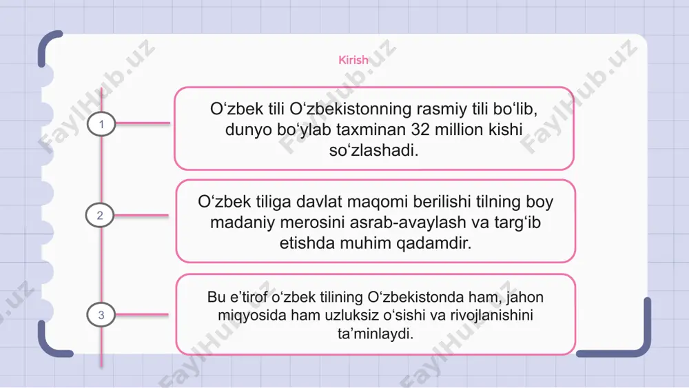 olar o‘zbek tili davlat maqomini olishda bir qancha qiyinchiliklarga duch kelmoqda. ushbu qiyinchiliklar tilni saqlash uchun cheklangan resurslar, rasmiy tan olinmaganlik va standartlashtirishdagi qiyinchiliklarni o'z ichiga oladi. asosiy muammolardan biri tilni saqlash uchun mavjud resurslarning cheklanganligidir. til maktablari, darsliklar va til hujjatlari loyihalarini moliyalashtirish va qo‘llab-quvvatlash yetishmaydi. yana bir qiyinchilik - o‘zbek tilining rasmiy tan olinmaganligi. demak, bu til davlat muassasalarida, rasmiy hujjatlarda va jamoat hayotida qo‘llanilmaydi. 1 2 3 o‘zbek tiliga davlat maqomi berish yo‘lidagi qadamlar o‘zbek tiliga davlat maqomi berilgan turli qadam va tashabbuslar bilan. bu harakat tilni asrab-avaylash va targ‘ib qilish, shuningdek, o‘zbek tilida so‘zlashuvchi aholi huquqlarini ta’minlashga qaratilgan. rasmiy hujjatlar, ta’lim, ommaviy axborot vositalari va davlat muassasalarida o‘zbek tilini joriy etish borasidagi sa’y-harakatlardan iborat. o‘zbek tiliga davlat maqomi berilishi haqida jamoatchilik fikri o‘zbek tiliga davlat maqomi berilishi haqidagi jamoatchilik fikri katta bahs-munozaralarga sabab bo‘lmoqda. ko‘pchilik o‘zbek tilining ahamiyatini tan olish va unga davlat maqomi berish zarur, …