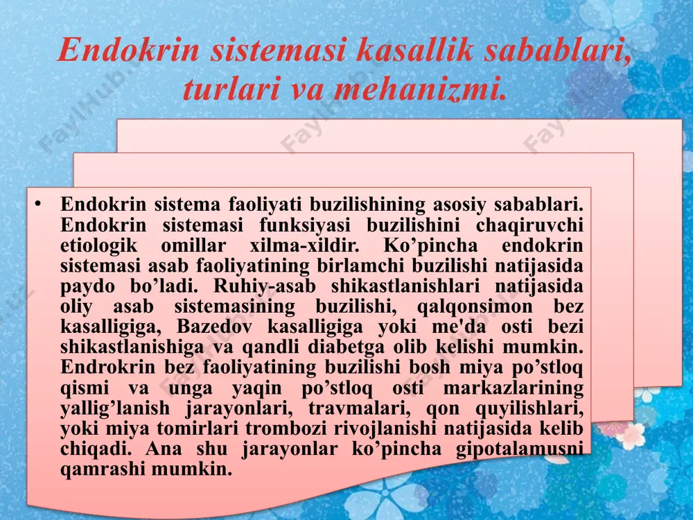 chi follikulani rag’batlantiruvchi gormon (fsg) lyutinlovchi (sui ajralishini rag’batlantiruvchi), (lg), (aktg), (adrenokor-tikotrop) tireotrop gormon-ttg va bir qator boshqa gormonlar ishlab chiqariladi. neyrogipofizdan qonga ikki gormon-adg yoki vazopressin va oksitosin ajraladi. adg buyrak kanalchalarida suv reabsorbisiyasini kuchaytiradi, uning ortiqcha miqdori esa buyrak kalavachalari qon tomirlarini toraytiradi va ularda arterial bosimni orttiradi. oksitosin ayollar jinsiy sistemasi faoliyatida fiziologik jarayonlarni boshqaradi, homiladorlikdagi bachadonni qisqarish funksiyasini kuchaytiradi. adenogipofiz giperfunksiyasi bilan kechuvchi kasalliklar bu kasalliklar biror gormon ishlanishining yoki bir guruh, hatto barcha trop gormonlar hosil bo’lishining ortib ketishi bilan ta'riflanadi. odatda bunday giperfunksiya ocsmalar o’sishi bilan, ko’pincha adenogipofiz adenomasi bilan bog’liq bo’ladi. agar bu vaqtda jinsiy gormonlar ko’p hosil bo’lsa, muddatidan oldin, ko’pincha 8—10 yoshlarda balog’atga yetish kuzatilib, u odatda jismoniy va ruhiy yetilmaslik bilan birgalikda ketadi. isenko-kushing kasalligida ko’plab miqdorda aktg ishlab chiqarilib, u buyrak usti bezlari po’stloq qismi gipefunksiyasiga olib keladi. ttg ni ortiq darajada ishlab chiqarilishi qalqonsimon bezning gipofizar xilidagi giperfunksiyasiga …